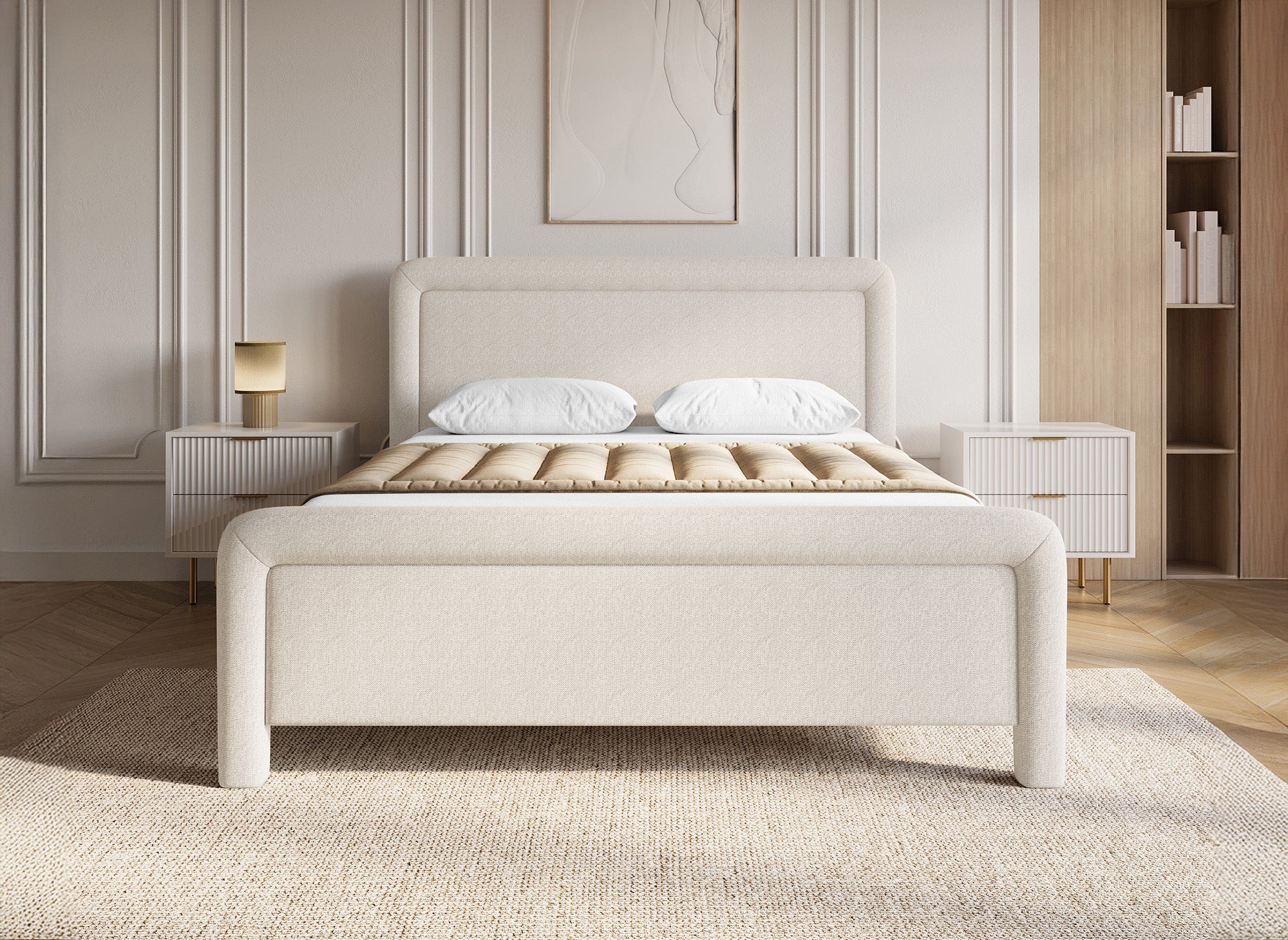 Doppelbett aus weichem, beigem Stoff 140 x 190 cm ANELA