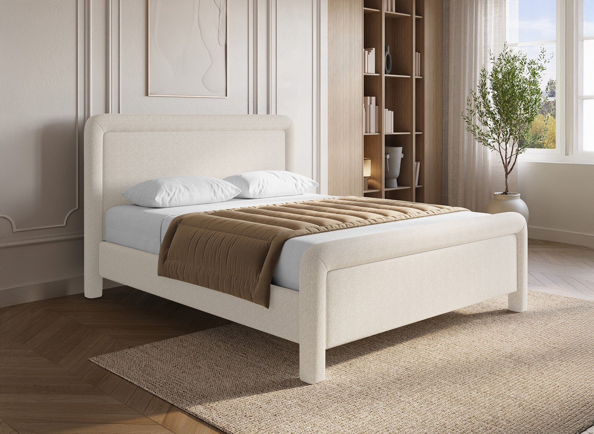 Doppelbett aus weichem, beigem Stoff 140 x 190 cm ANELA