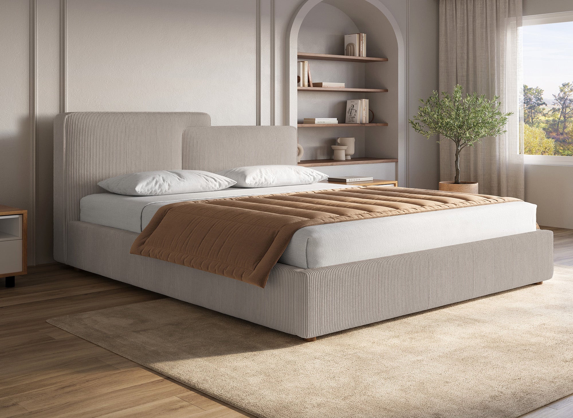 ZELIA Bett mit Stauraum aus Cord in Taupe 180x200 cm
