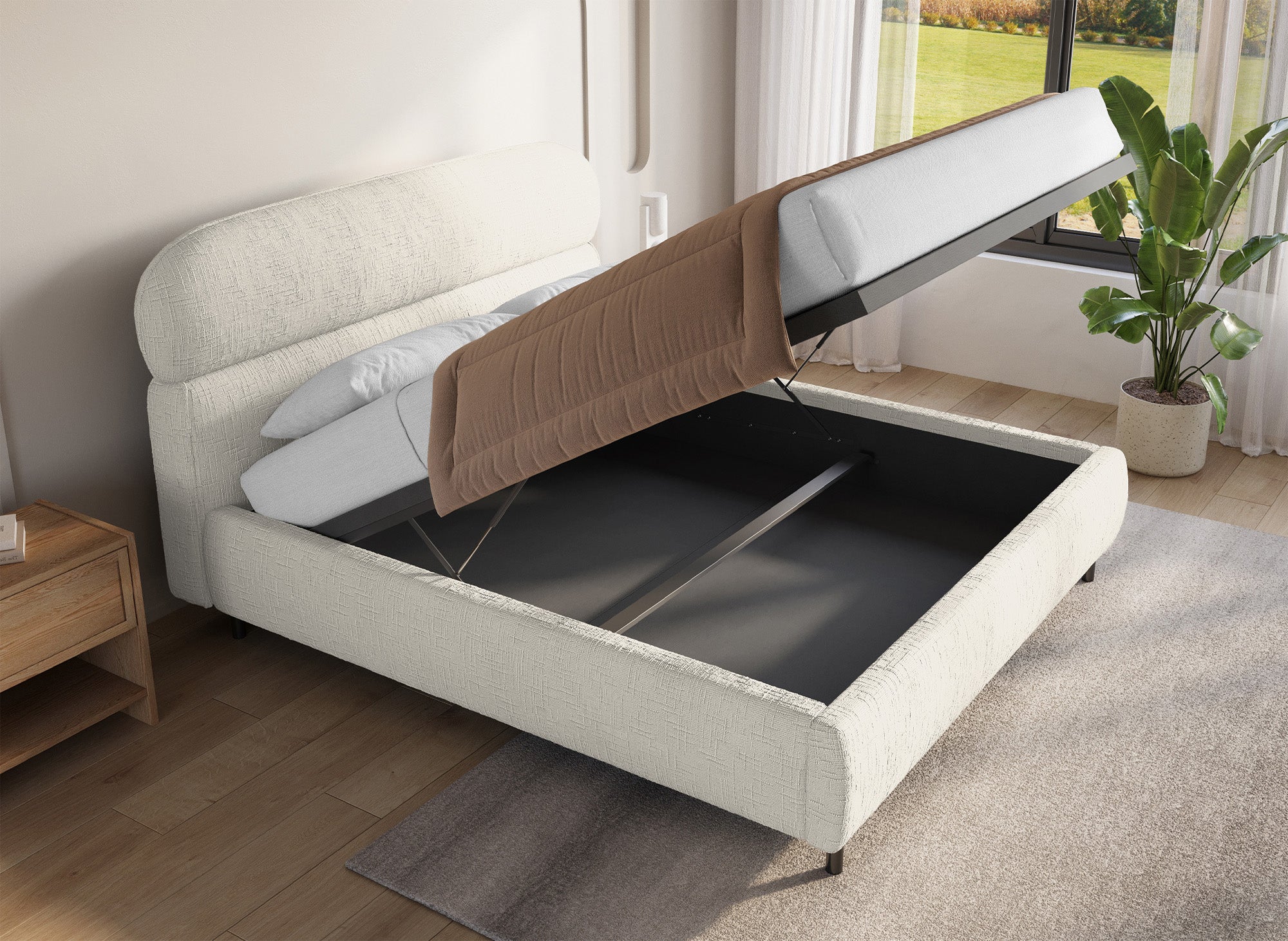MELO Bett mit Stauraum, beige meliertes Samt, 160 x 200 cm