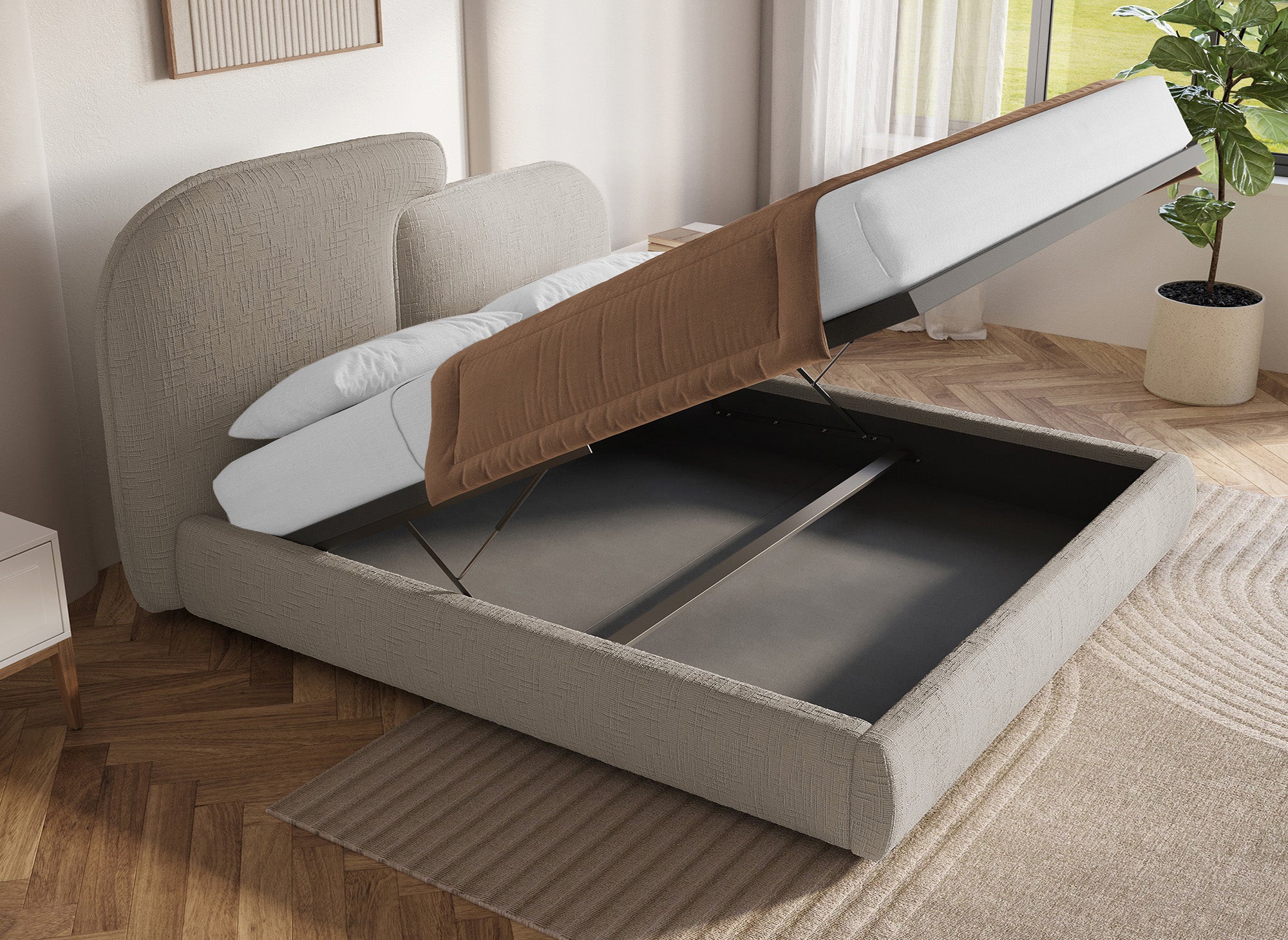 MILENA Bett mit Stauraum, Samt, taupe meliert, 180 x 200 cm