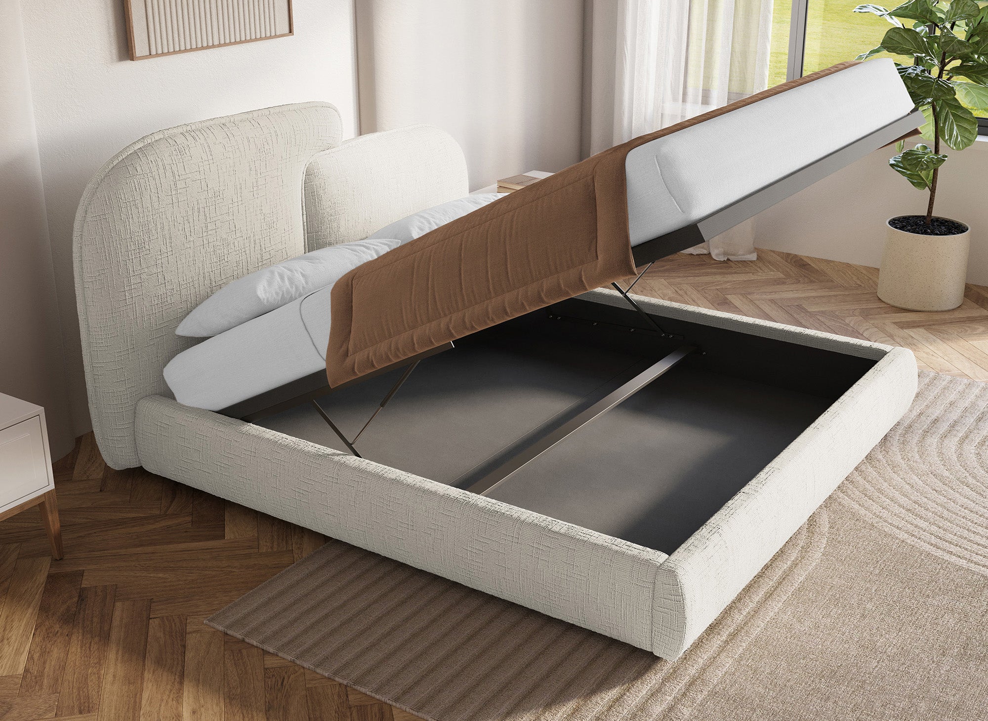MILENA Bett mit Stauraum, beige meliertes Samt, 180 x 200 cm