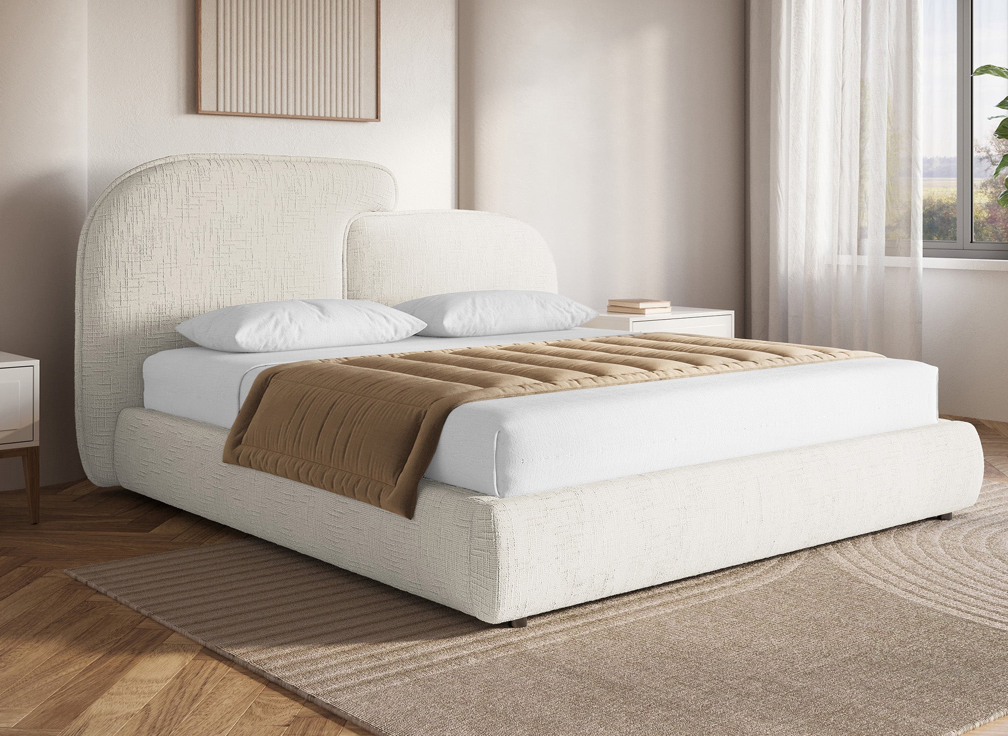 MILENA Bett mit Stauraum, beige meliertes Samt, 180 x 200 cm