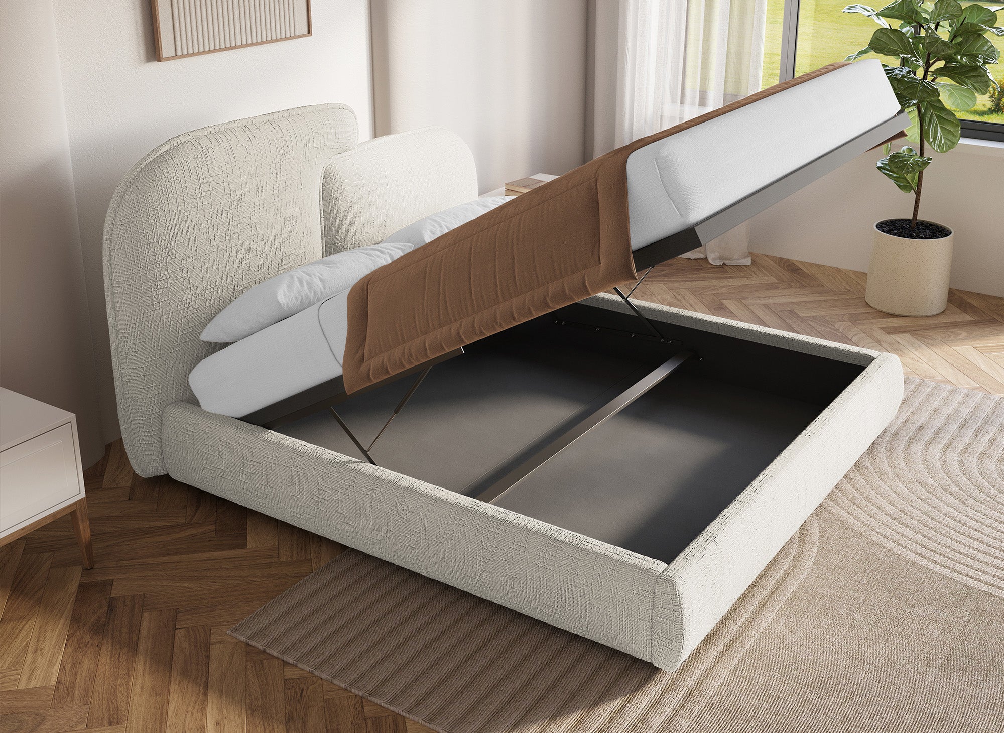 MILENA Bett mit Stauraum, beige melierter Samt, 160 x 200 cm