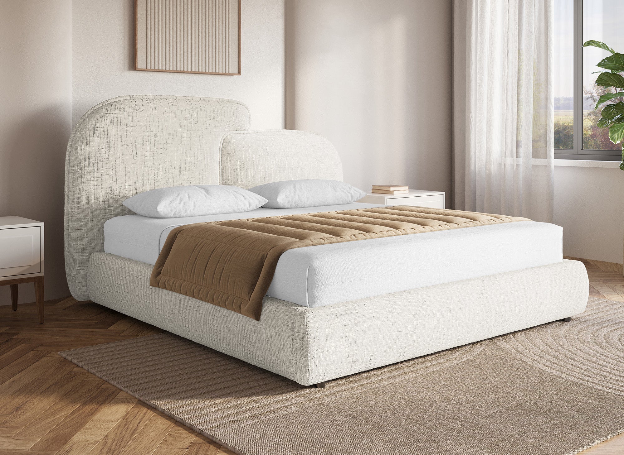 MILENA Bett mit Stauraum, beige melierter Samt, 160 x 200 cm
