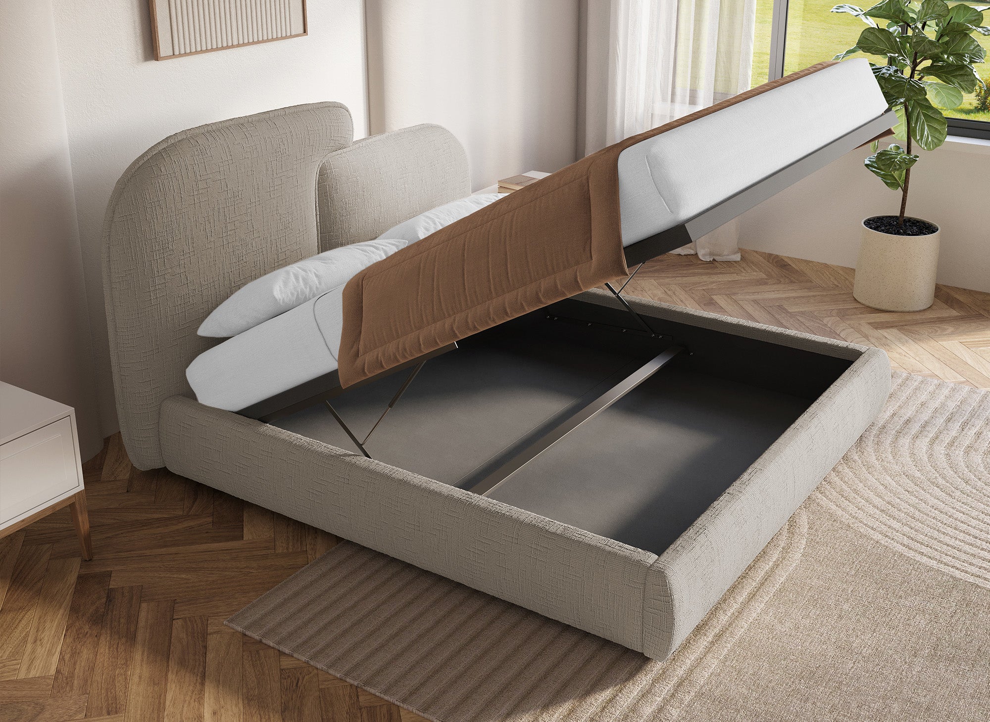 MILENA Bett mit Stauraum, 160 x 200 cm, Samt, taupe meliert