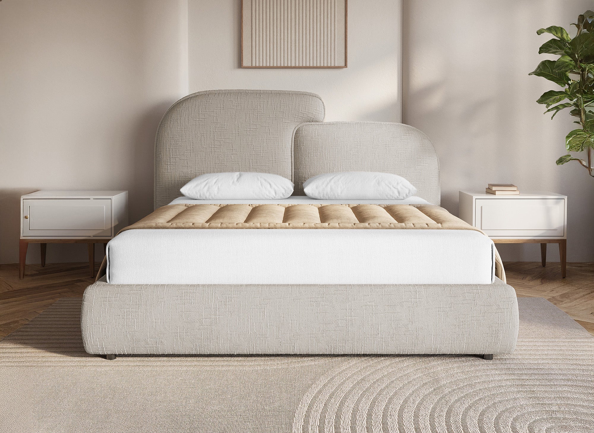 MILENA Bett mit Stauraum, 140x190 cm, taupefarben melierter Samt