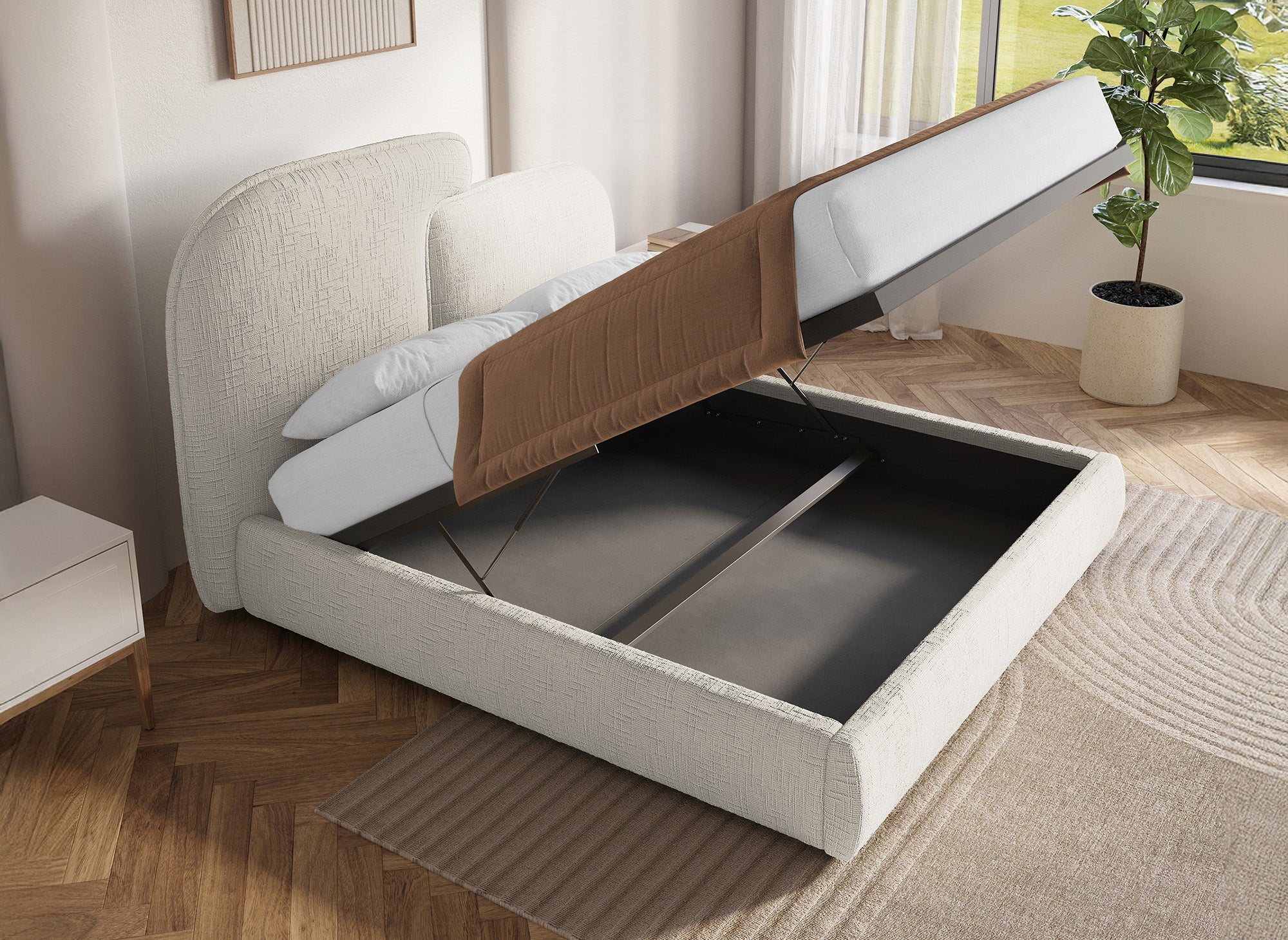 MILENA Bett mit Stauraum, beige melierter Samt, 140 x 190 cm