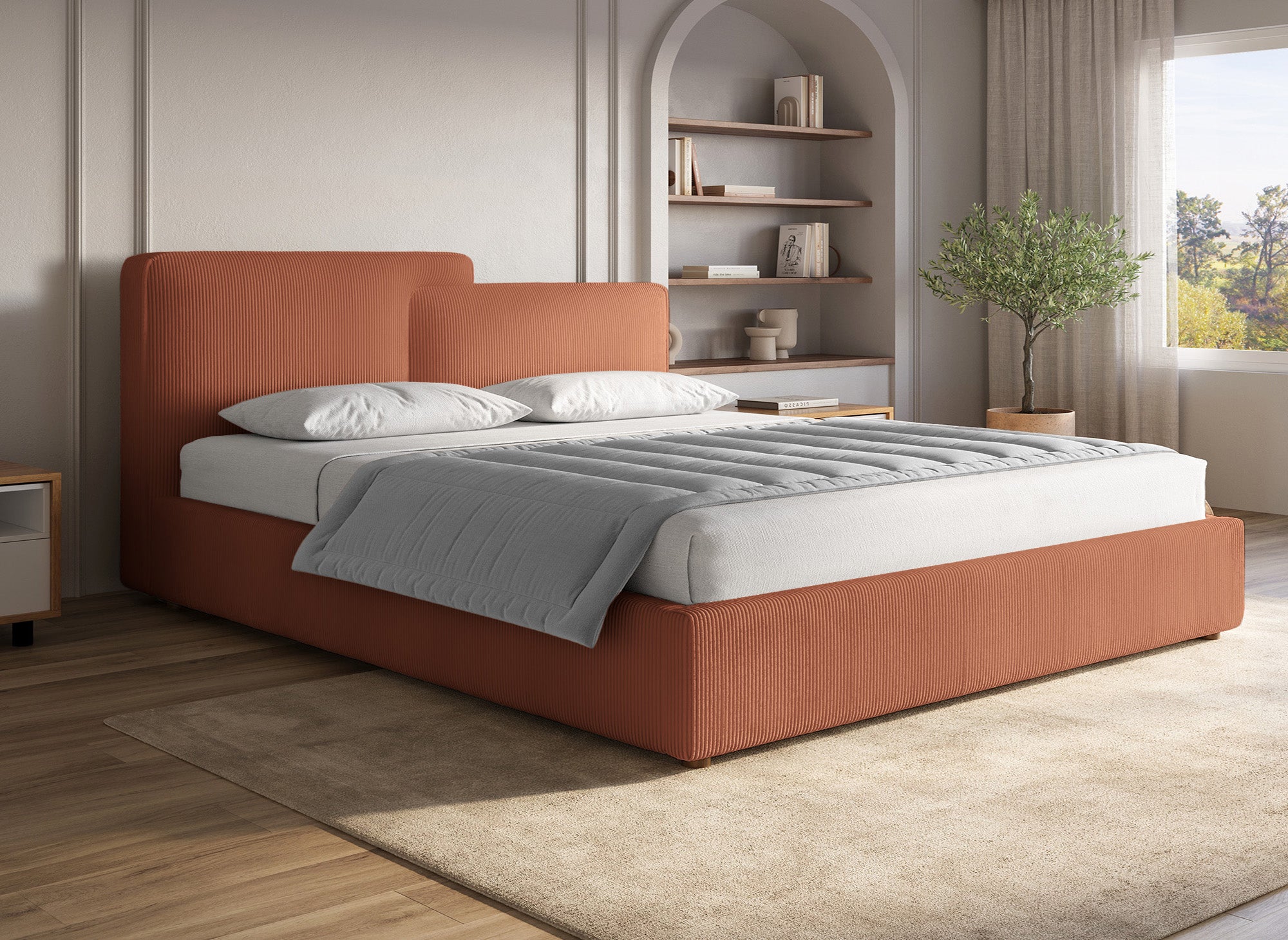 ZELIA Bett mit Stauraum aus Cord in Terrakotta 180x200 cm