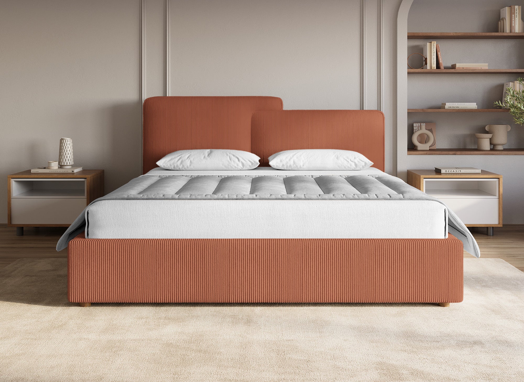 ZELIA Bett mit Stauraum aus Cord in Terrakotta 160x200 cm