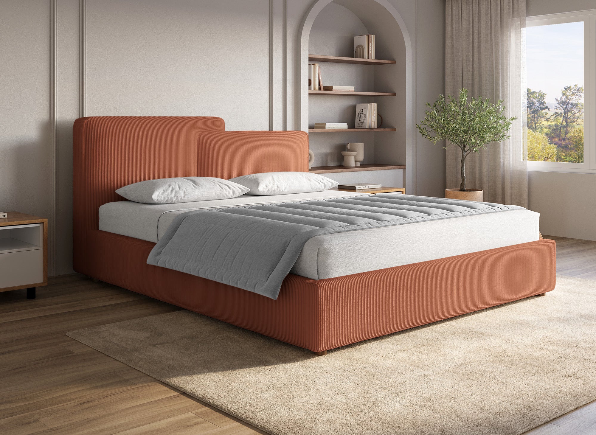 ZELIA Bett mit Stauraum aus Cord in Terrakotta 160x200 cm