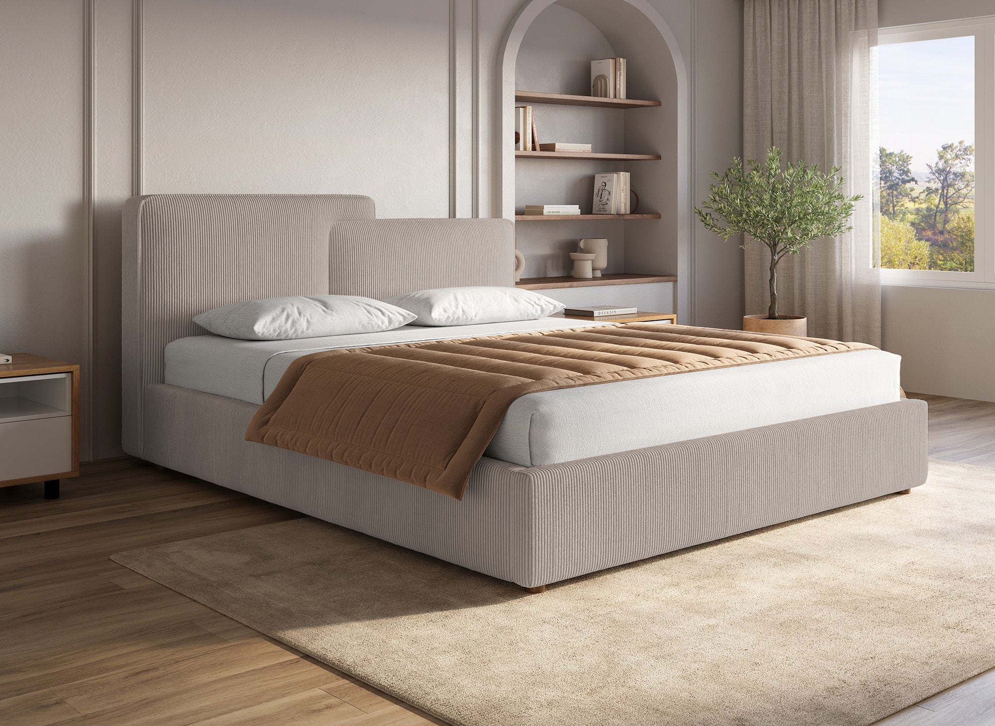 ZELIA Bett mit Stauraum aus Cord in Taupe 160x200 cm