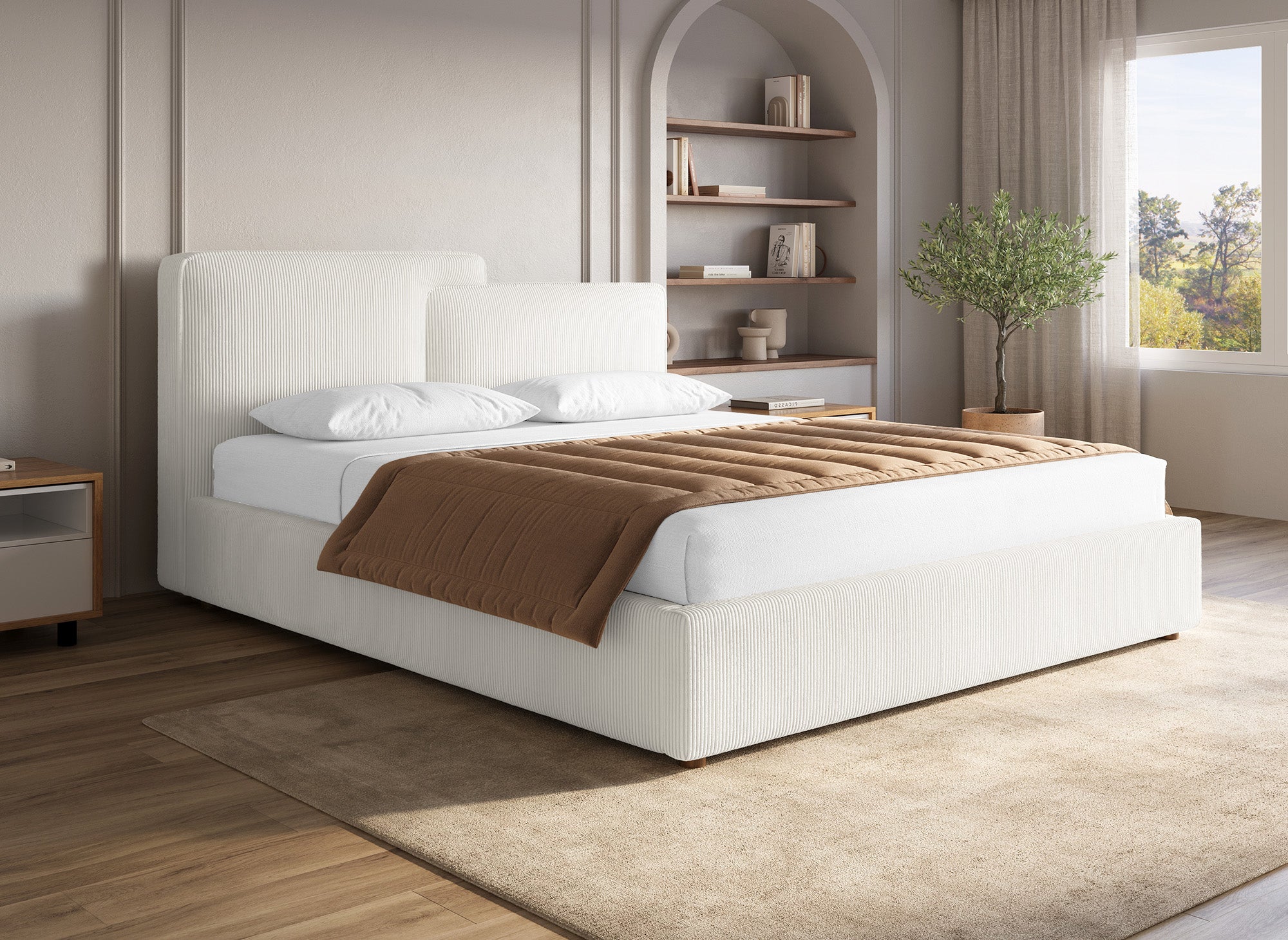 ZELIA Bett mit Stauraum aus ecrufarbenem Cord 160x200 cm