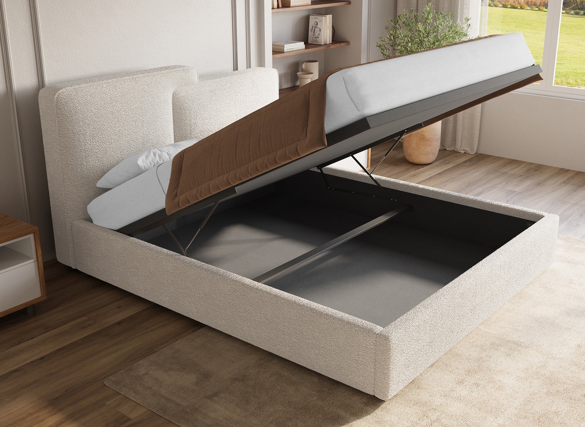 ZELIA Bett mit Stauraum aus Frottee, beige, 180 x 200 cm