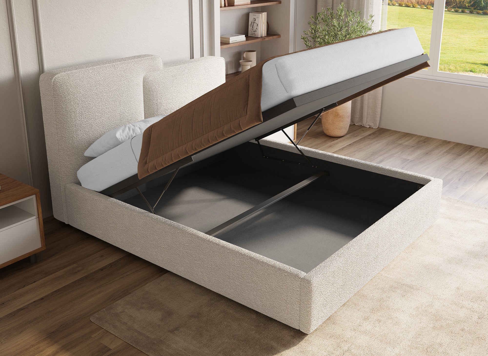 ZELIA Bett mit Stauraum aus Frottee, beige, 160 x 200 cm