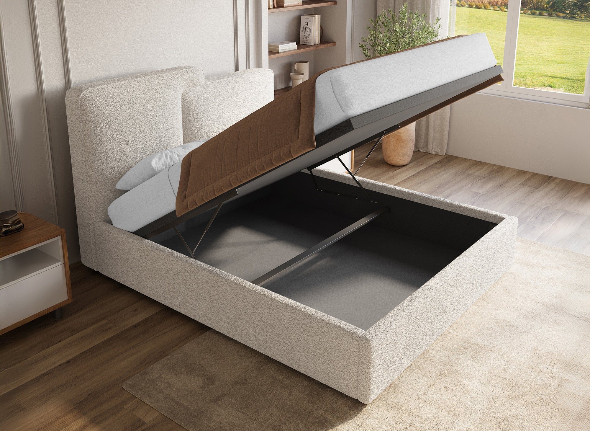 ZELIA Bett mit Stauraum aus Frottee, beige, 140 x 190 cm