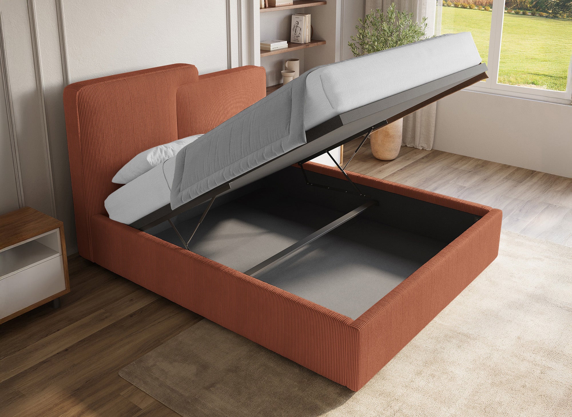 ZELIA Bett mit Stauraum aus Cord in Terrakotta 140x190 cm