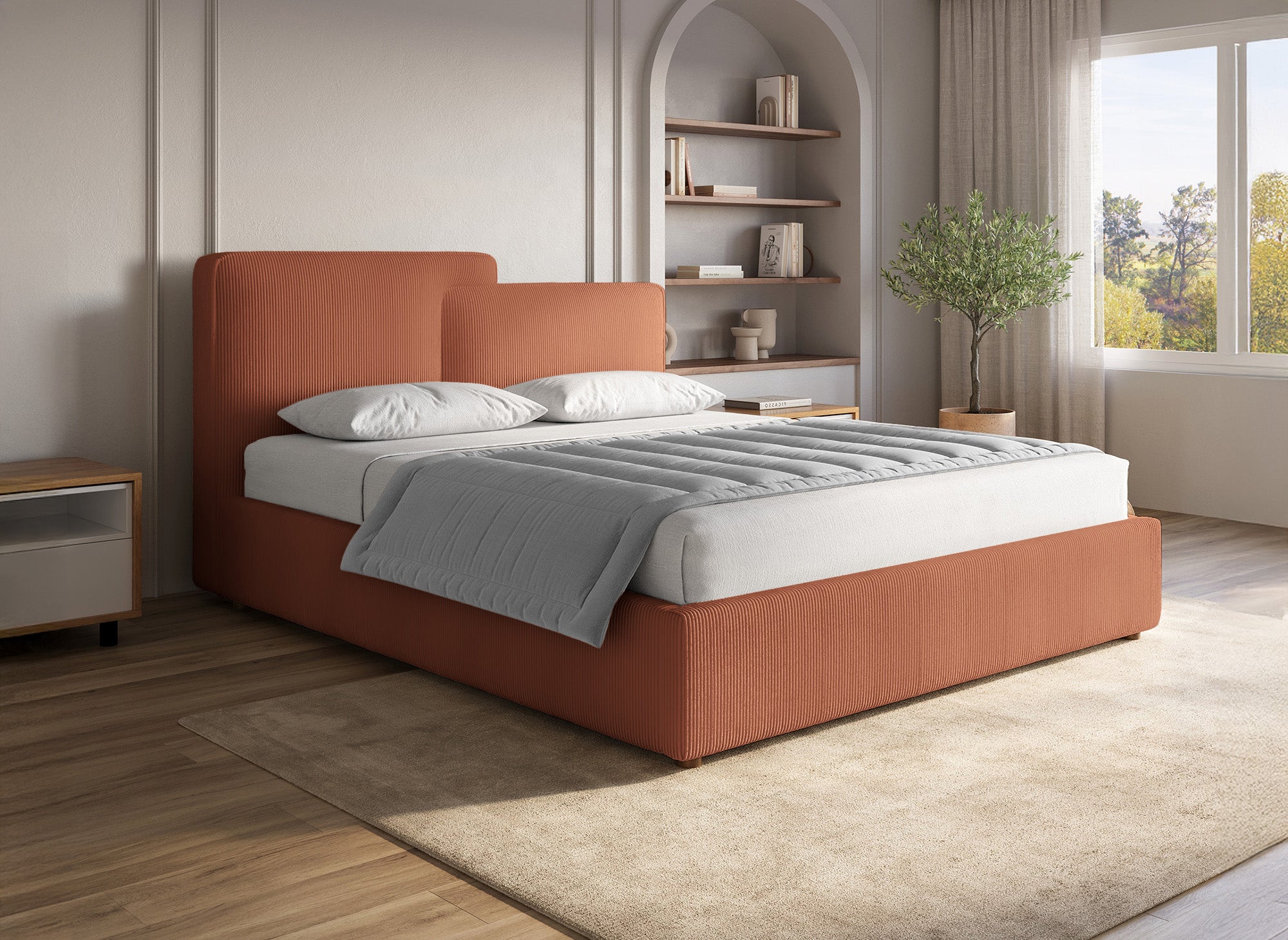 ZELIA Bett mit Stauraum aus Cord in Terrakotta 140x190 cm