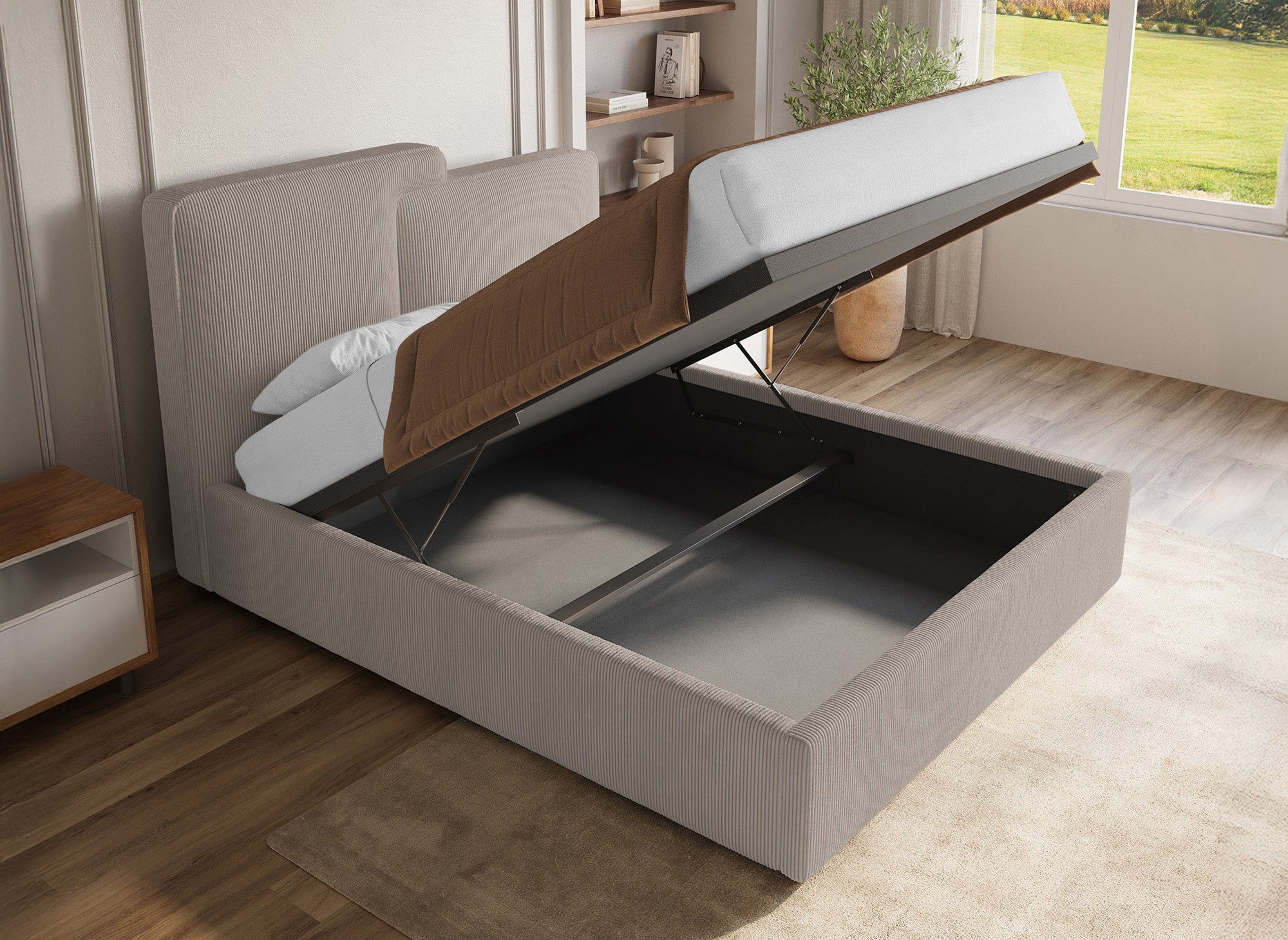 ZELIA Bett mit Stauraum aus Cord in Taupe 140x190 cm