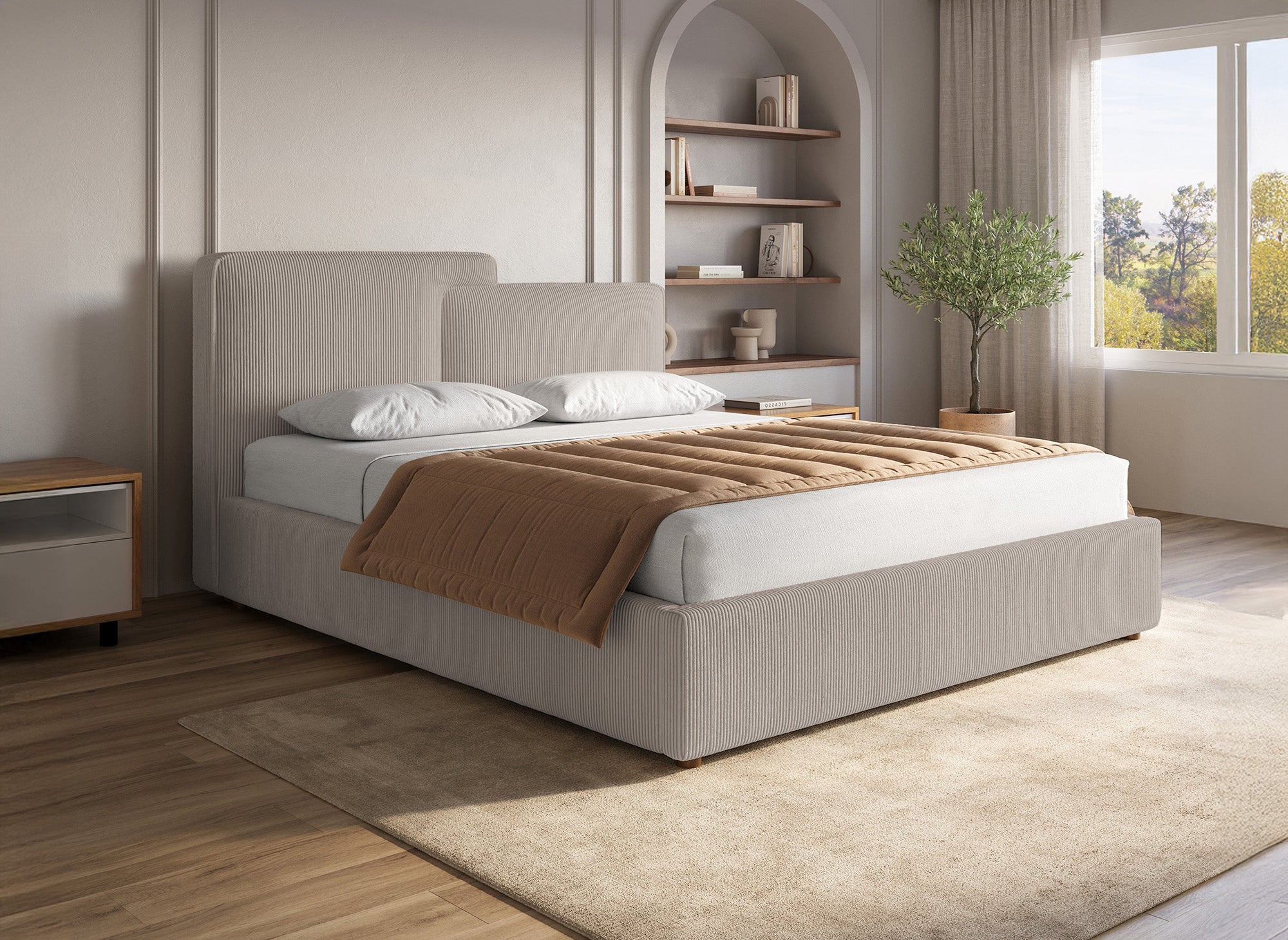 ZELIA Bett mit Stauraum aus Cord in Taupe 140x190 cm