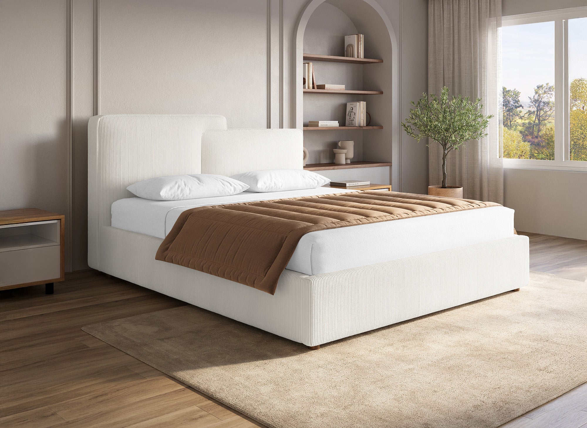 ZELIA Bett mit Stauraum aus ecrufarbenem Cord 140x190 cm