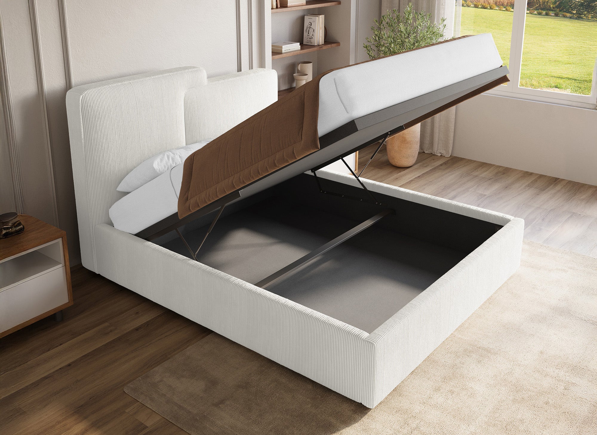 ZELIA Bett mit Stauraum aus ecrufarbenem Cord 140x190 cm