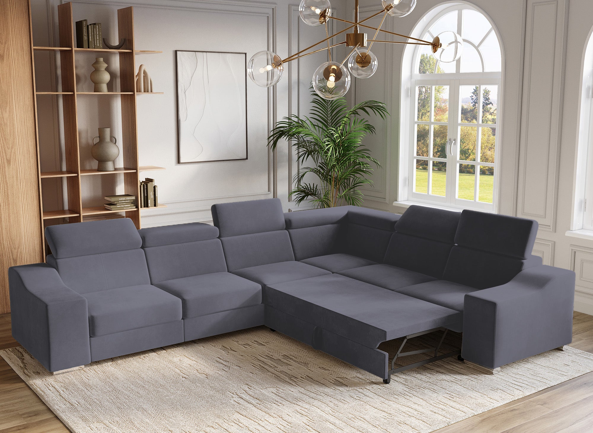 LEONIE Ecksofa aus grauem Samt, wendbar