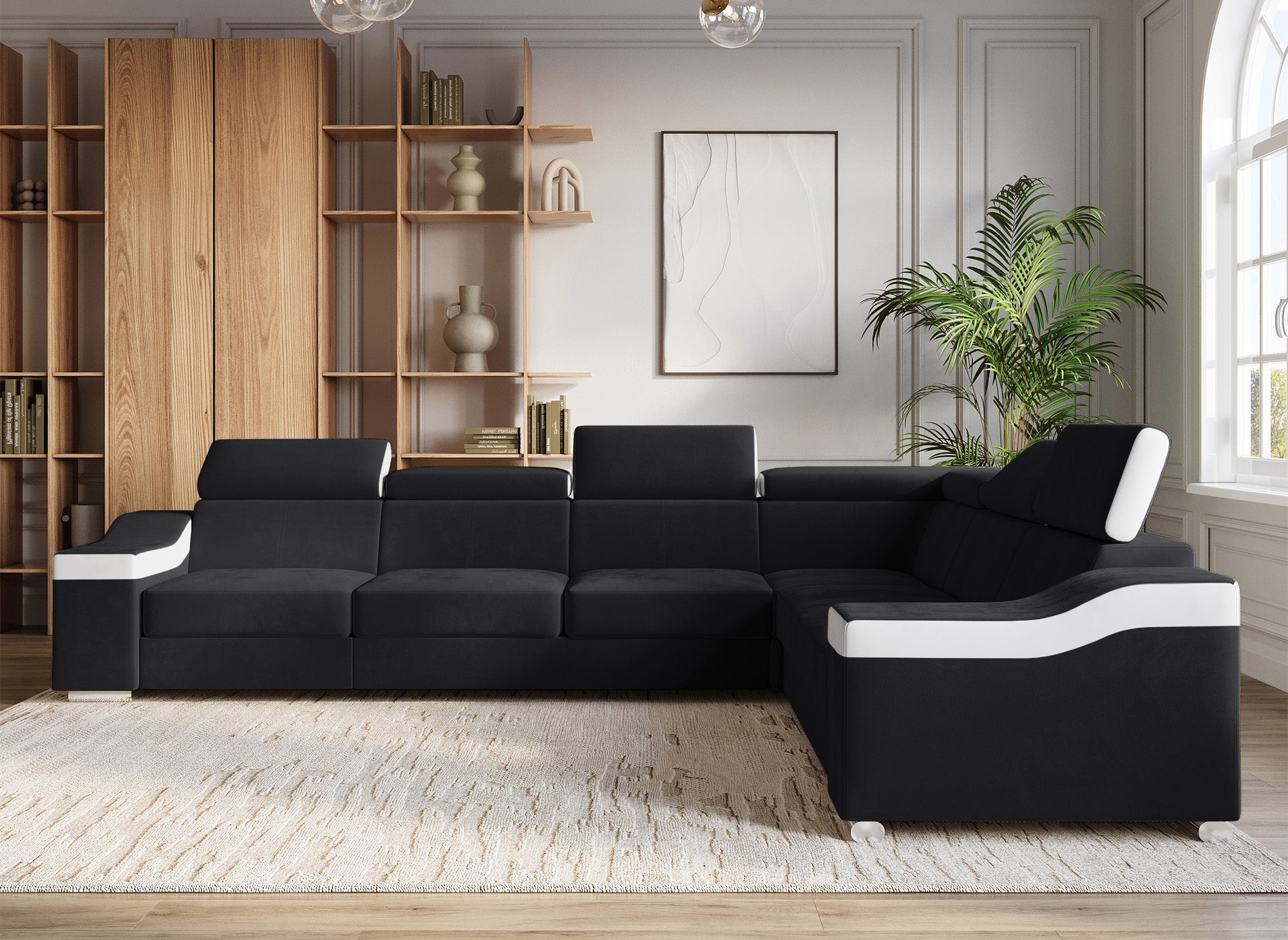LEONIE Wende-Ecksofa aus schwarzem Samt und weißem Kunstleder