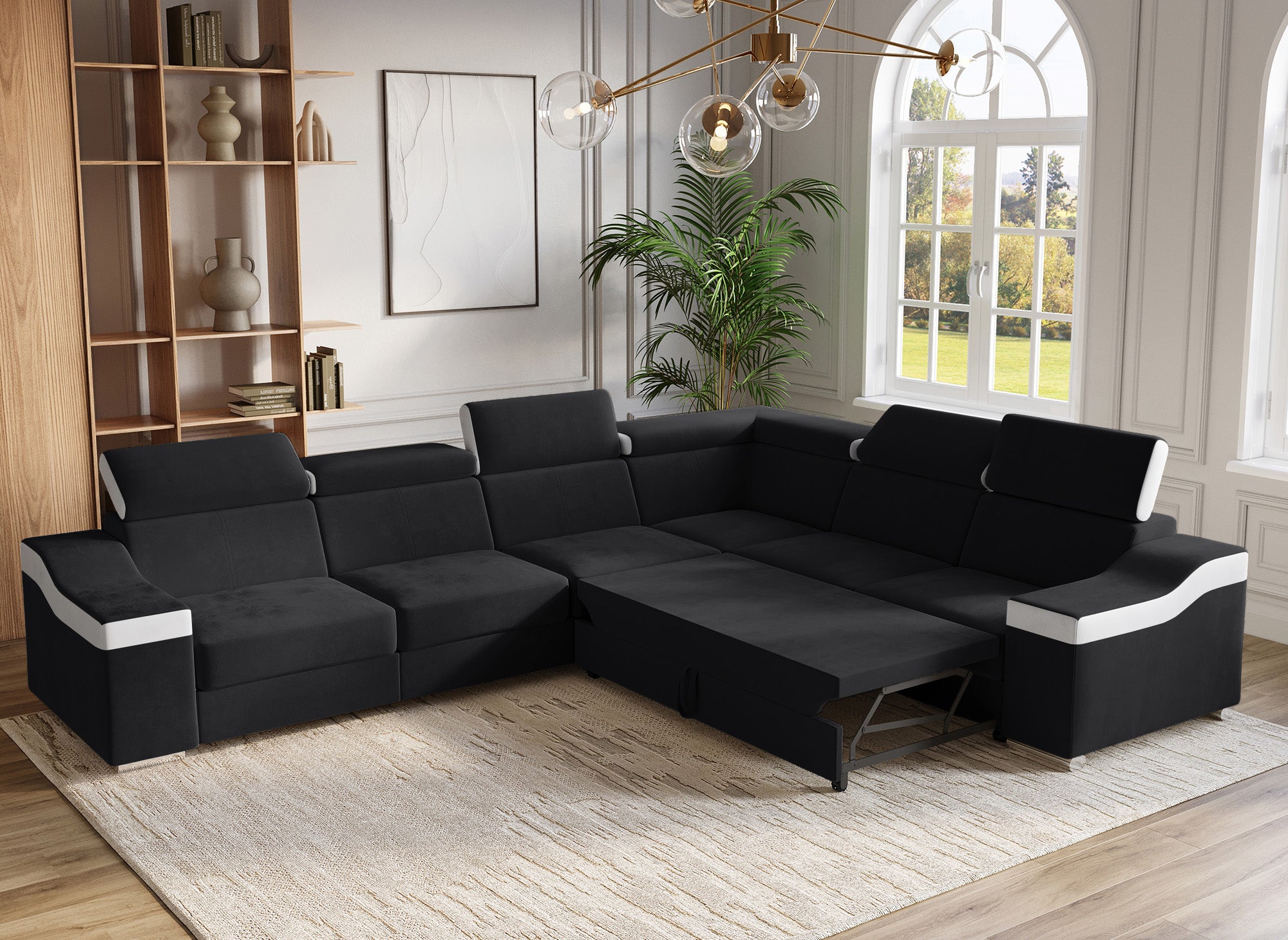 LEONIE Wende-Ecksofa aus schwarzem Samt und weißem Kunstleder