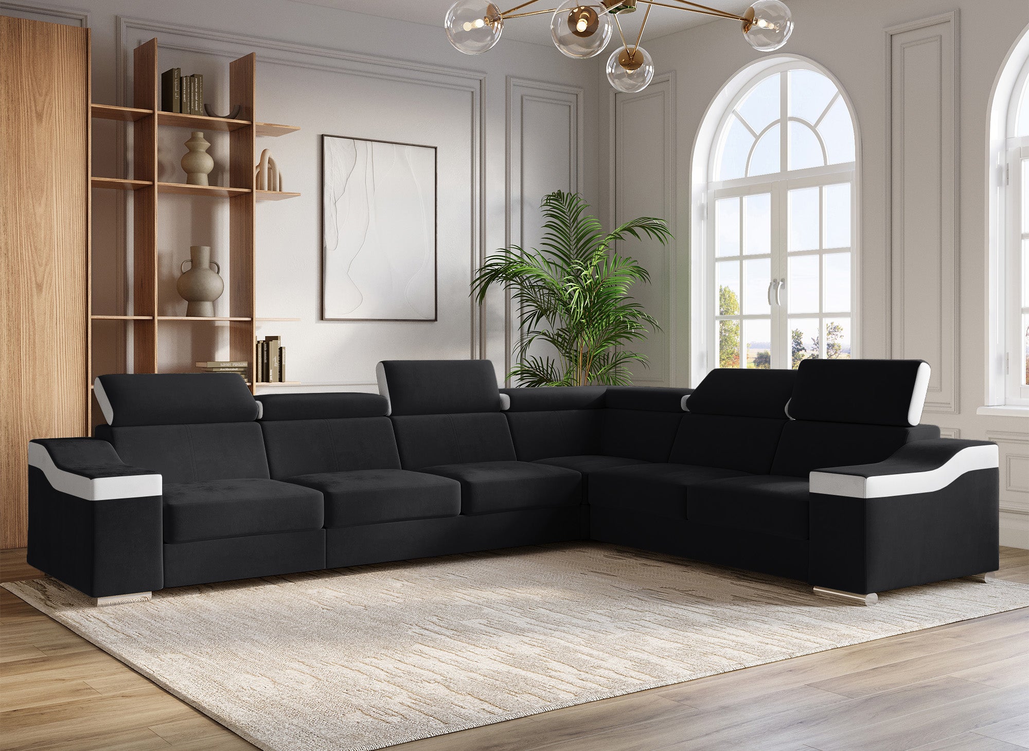 LEONIE Wende-Ecksofa aus schwarzem Samt und weißem Kunstleder