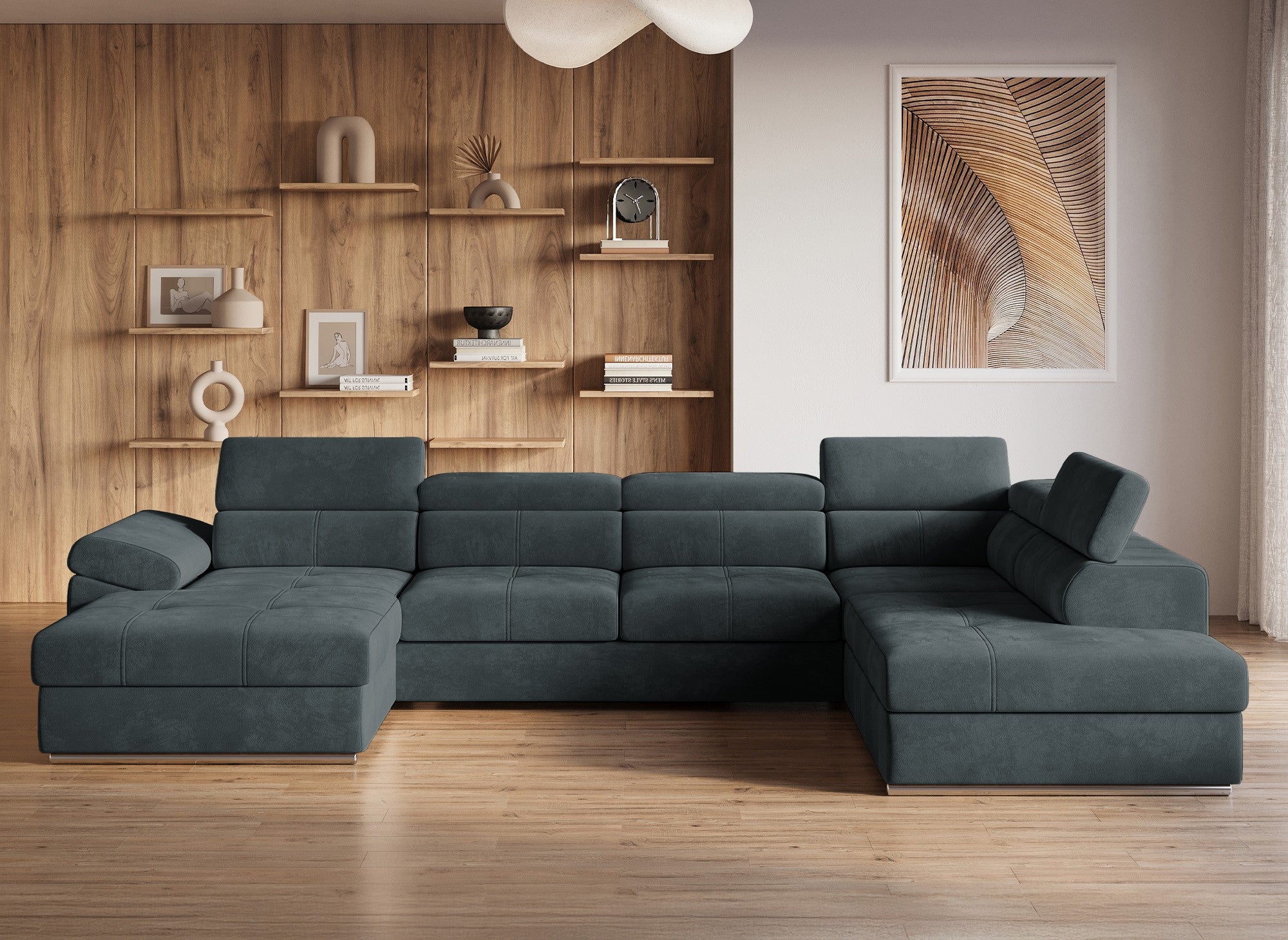 MARIANO Panorama-Sofa mit Stauraum aus grauem Samt – Linke Ecke