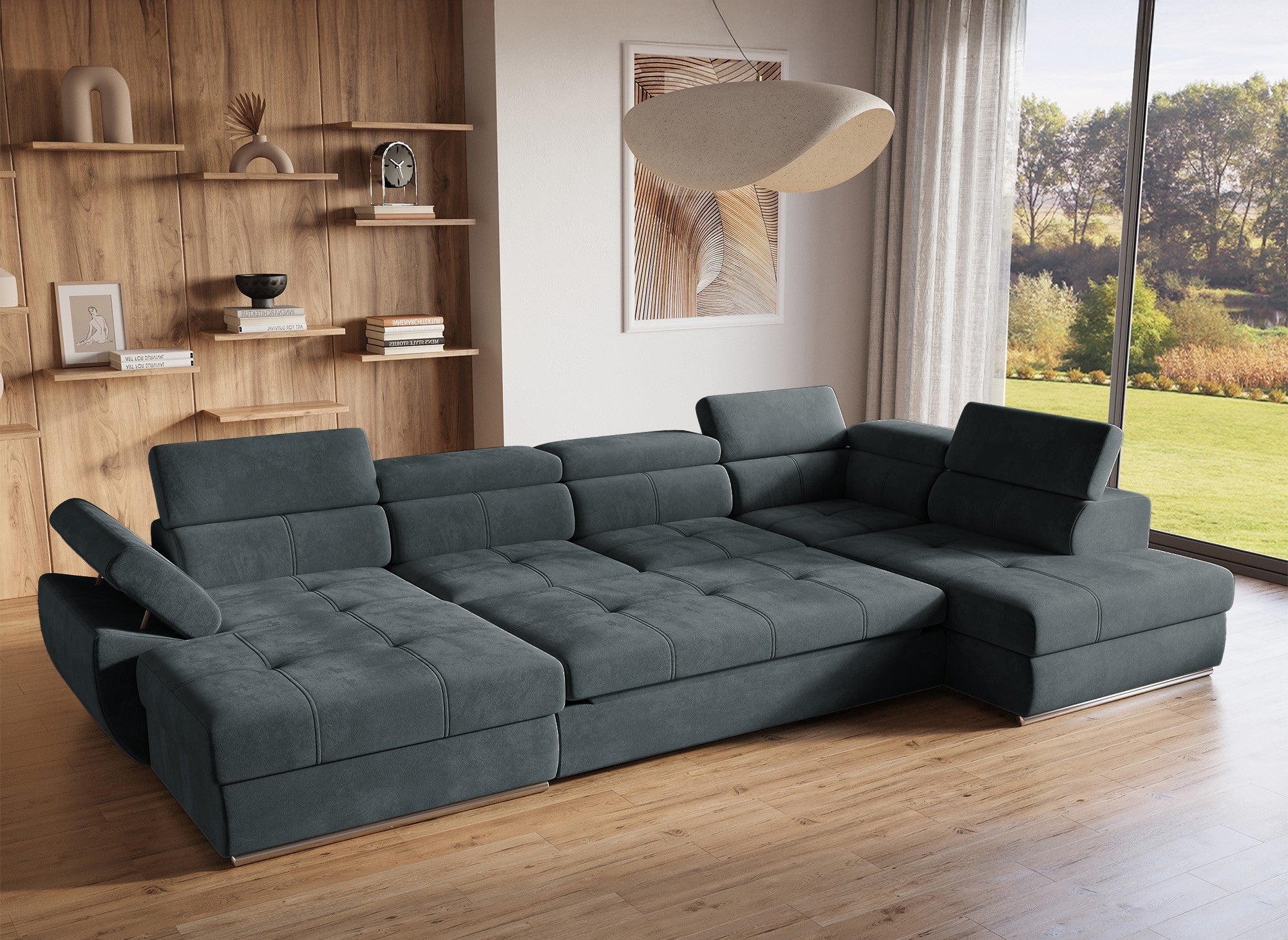 MARIANO Panorama-Sofa mit Stauraum aus grauem Samt – Linke Ecke