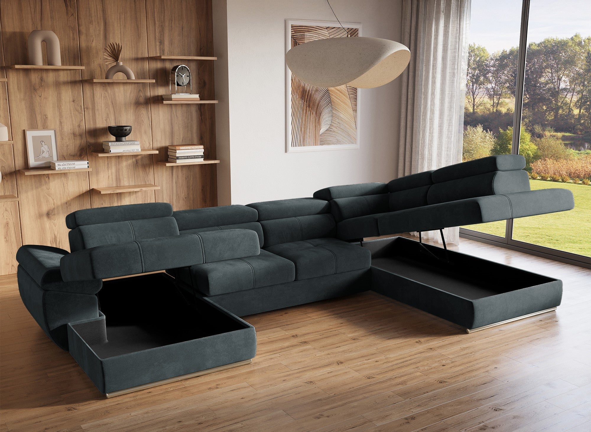 MARIANO Panorama-Sofa mit Stauraum aus grauem Samt – Linke Ecke