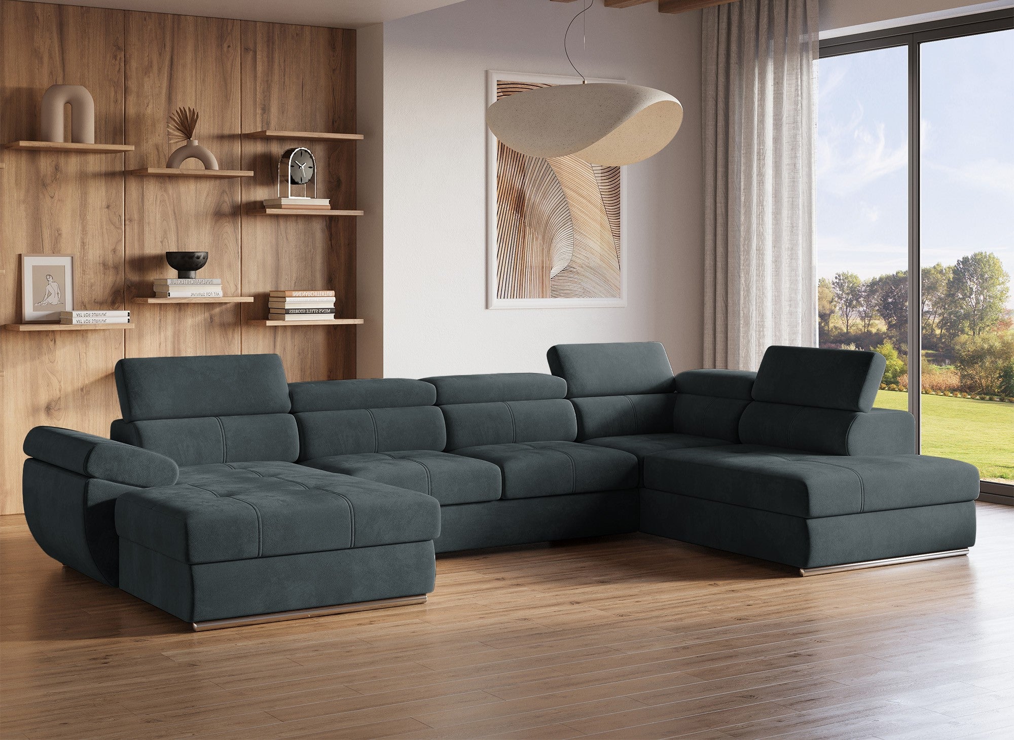 MARIANO Panorama-Sofa mit Stauraum aus grauem Samt – Linke Ecke