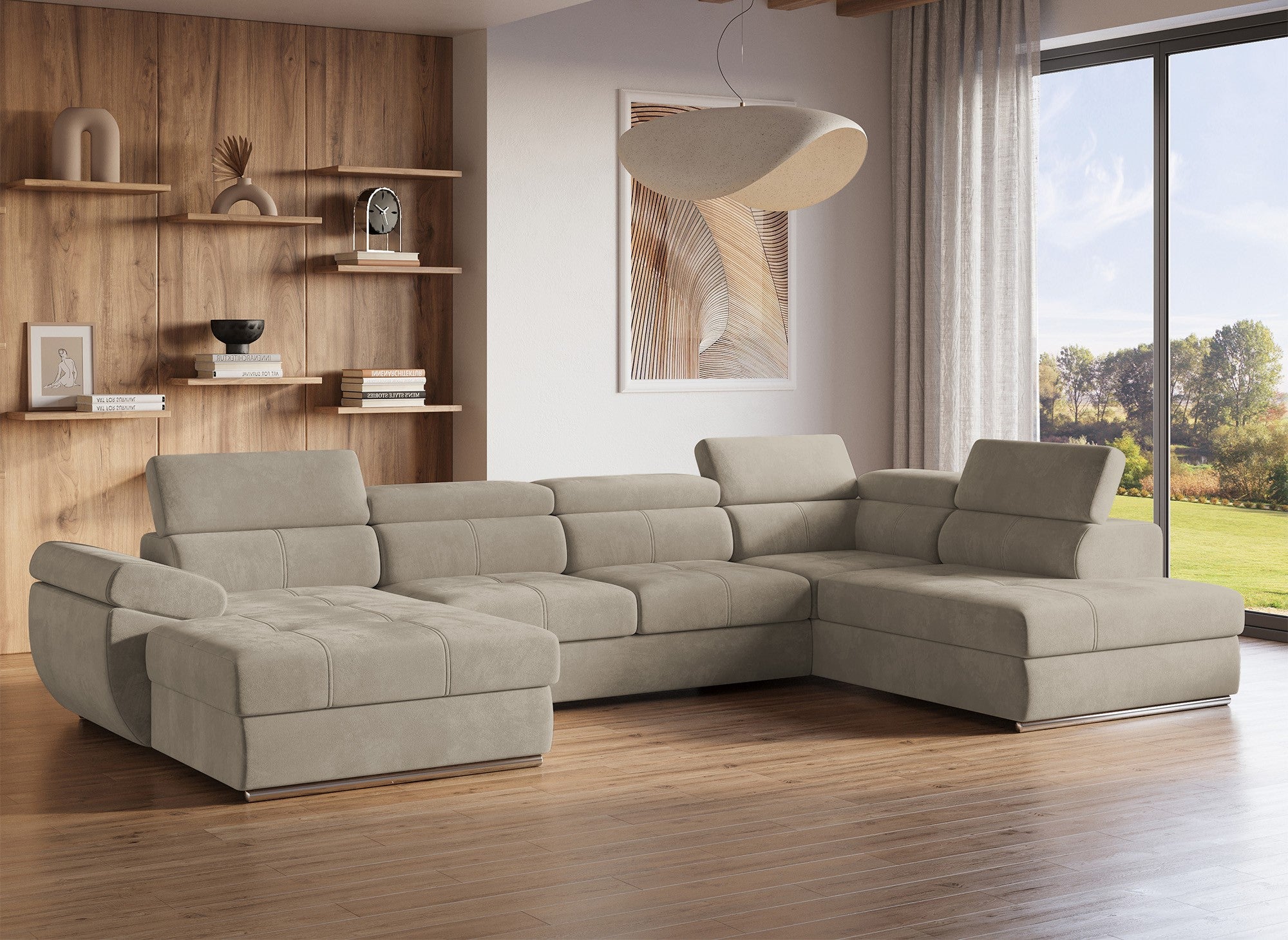 MARIANO Panorama-Sofa mit Stauraum aus taupefarbenem Samt – Linke Ecke