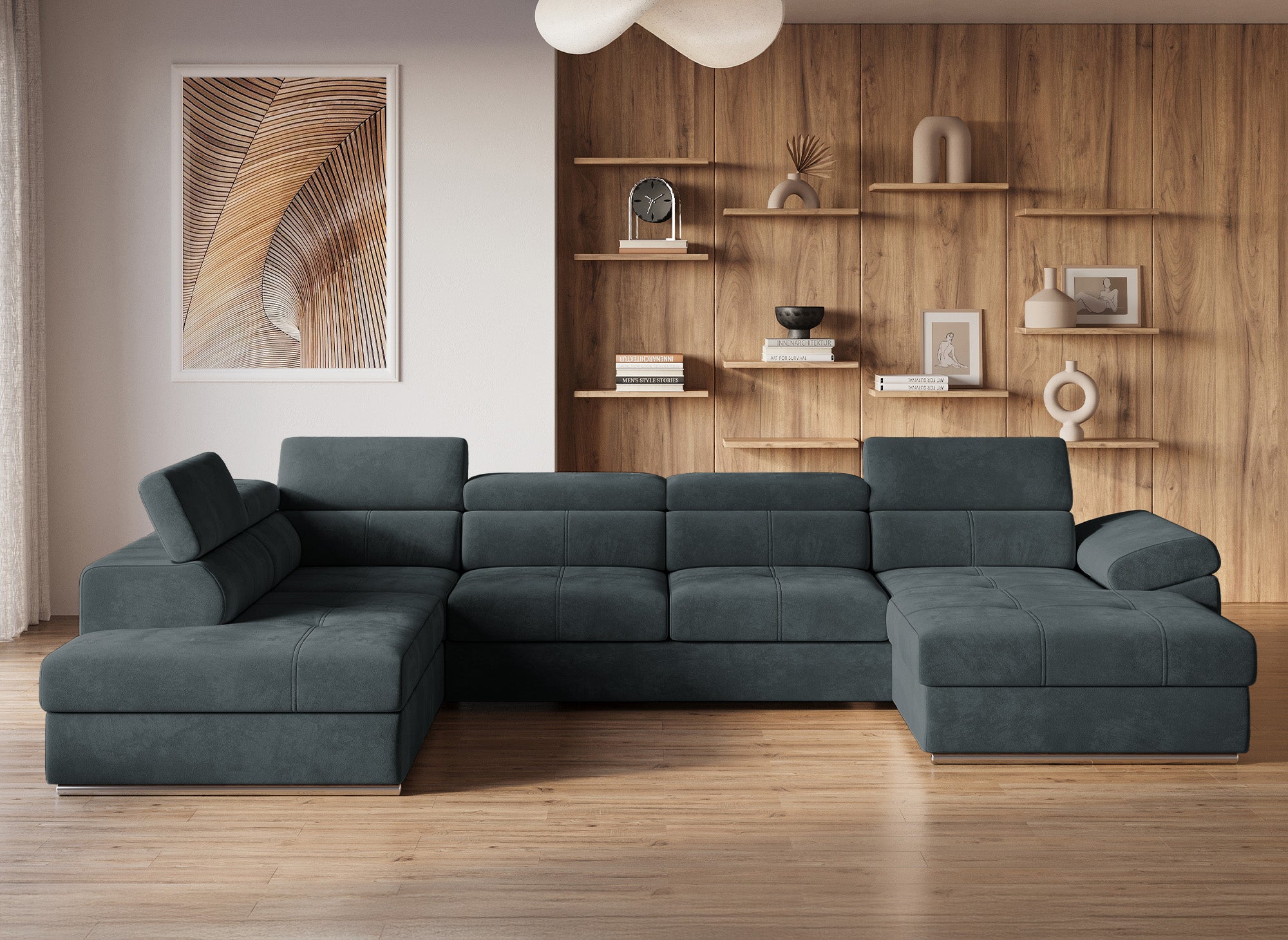 MARIANO Panorama-Sofa mit Stauraum aus grauem Samt – rechtwinklig