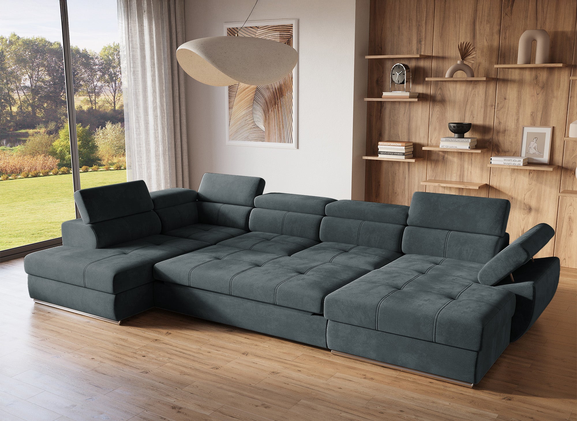 MARIANO Panorama-Sofa mit Stauraum aus grauem Samt – rechtwinklig