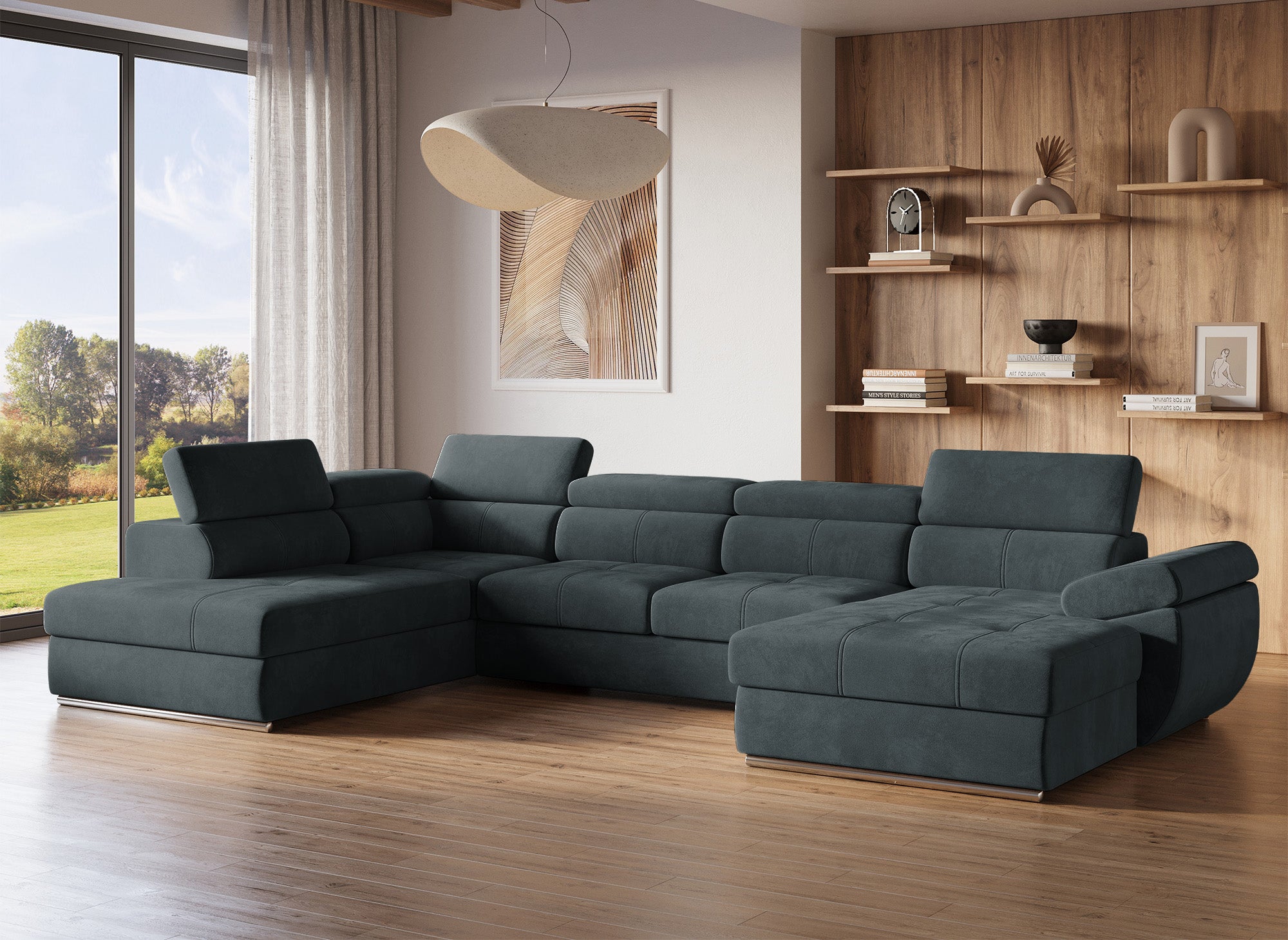 MARIANO Panorama-Sofa mit Stauraum aus grauem Samt – rechtwinklig