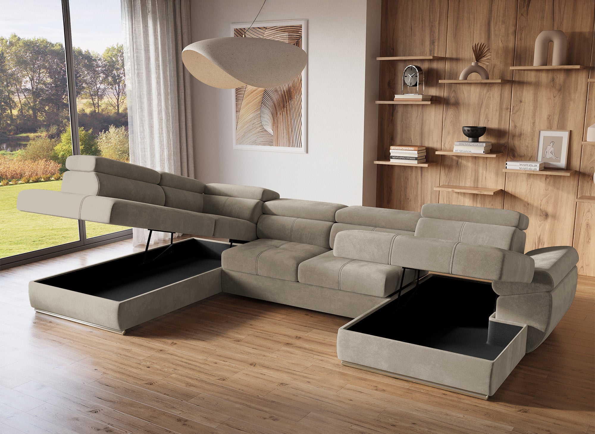 MARIANO Panorama-Sofa mit Stauraum aus taupefarbenem Samt – rechtwinklig