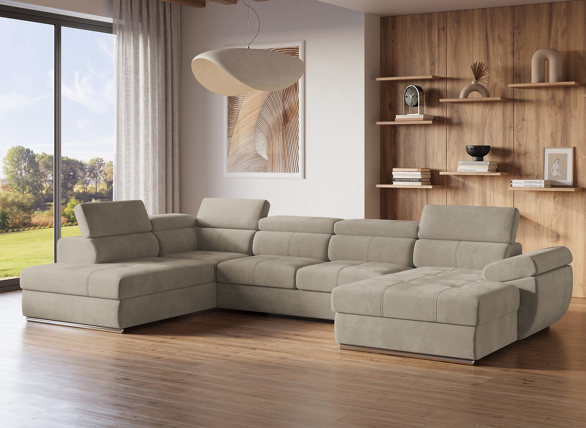 MARIANO Panorama-Sofa mit Stauraum aus taupefarbenem Samt – rechtwinklig