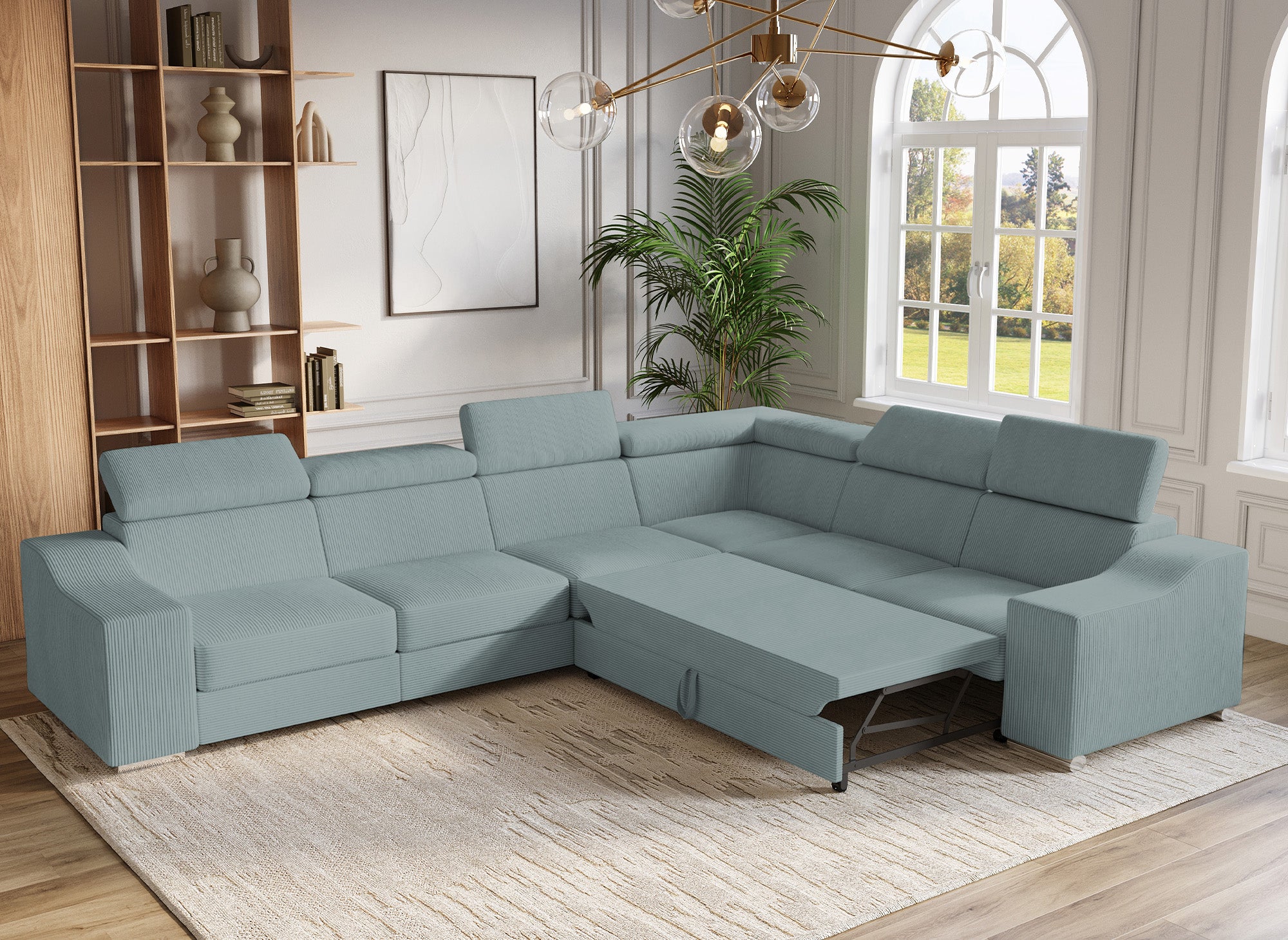 LEONIE Wende-Ecksofa aus wassergrünem Cord