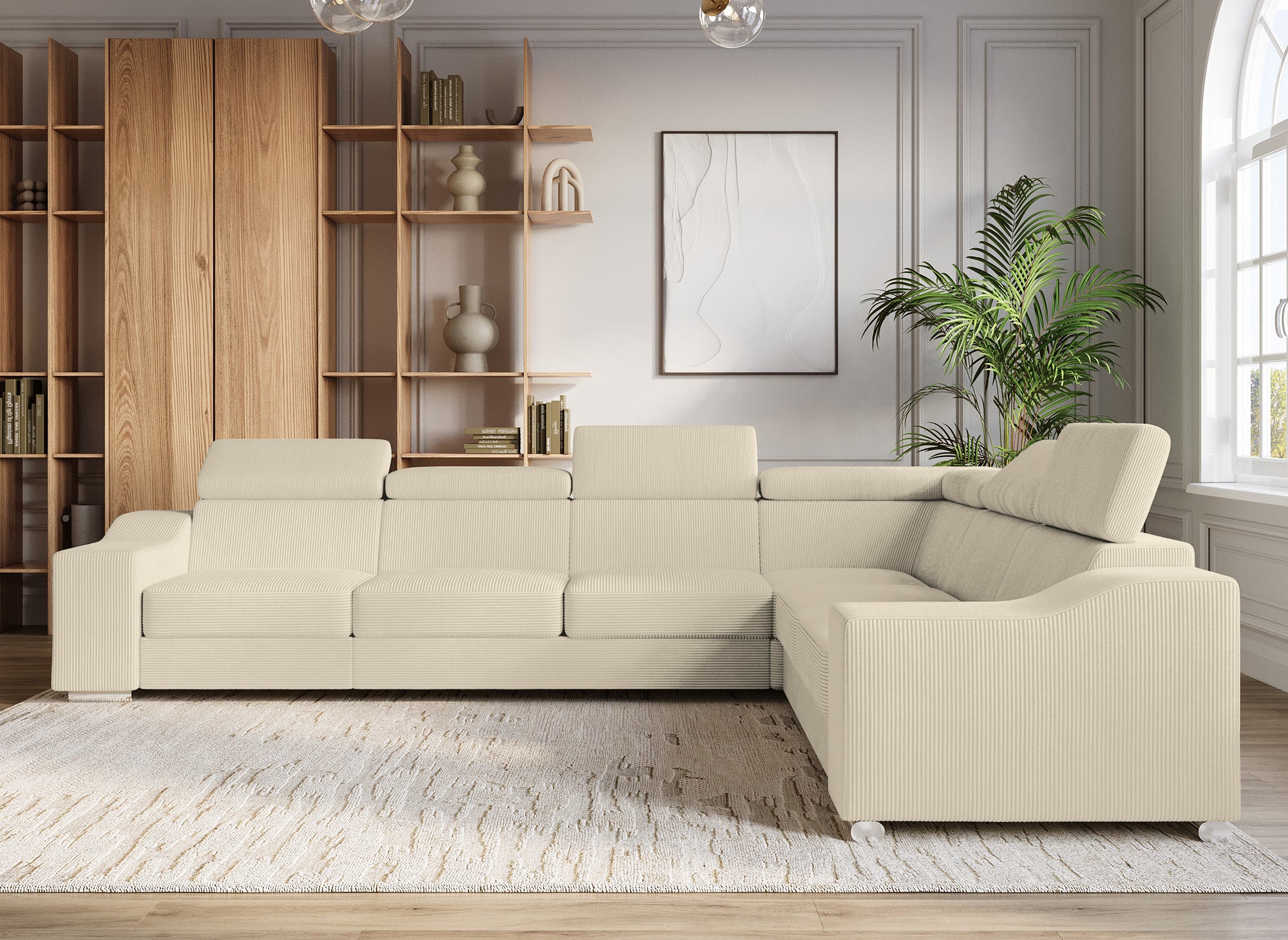 Ecksofa LEONIE aus beigefarbenem Cord, wendbar