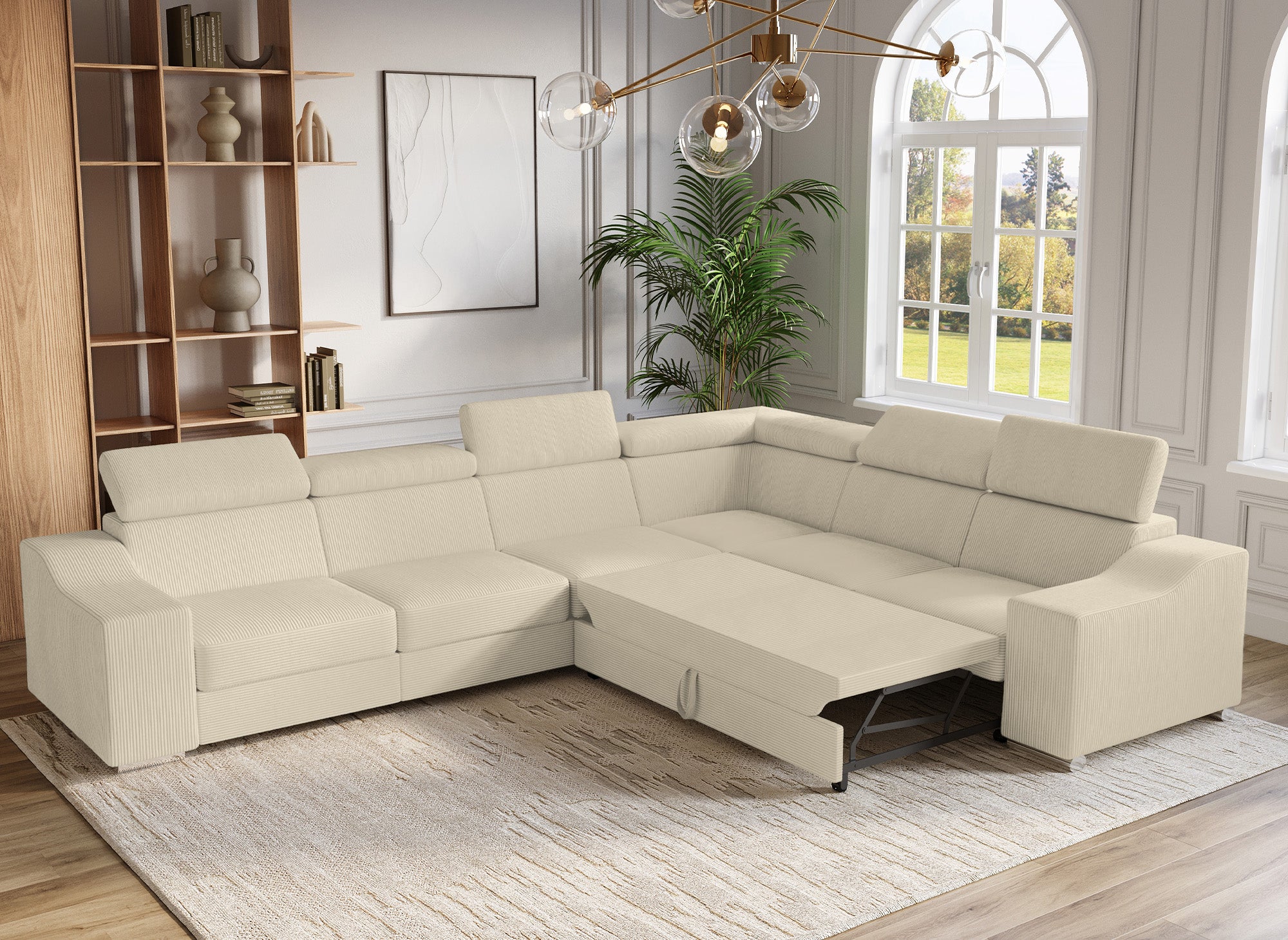 Ecksofa LEONIE aus beigefarbenem Cord, wendbar