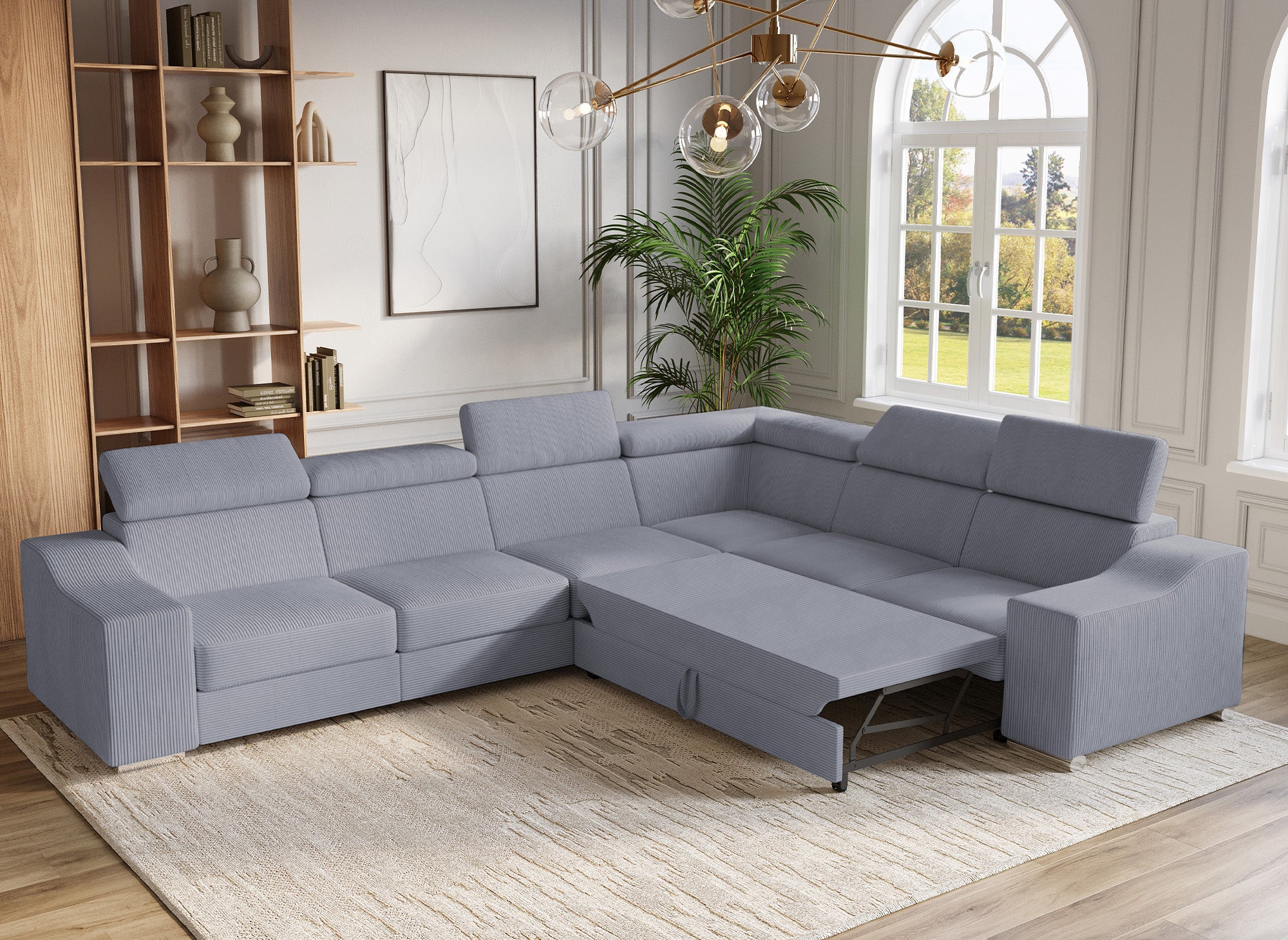LEONIE Ecksofa aus hellgrauem Cord, wendbar