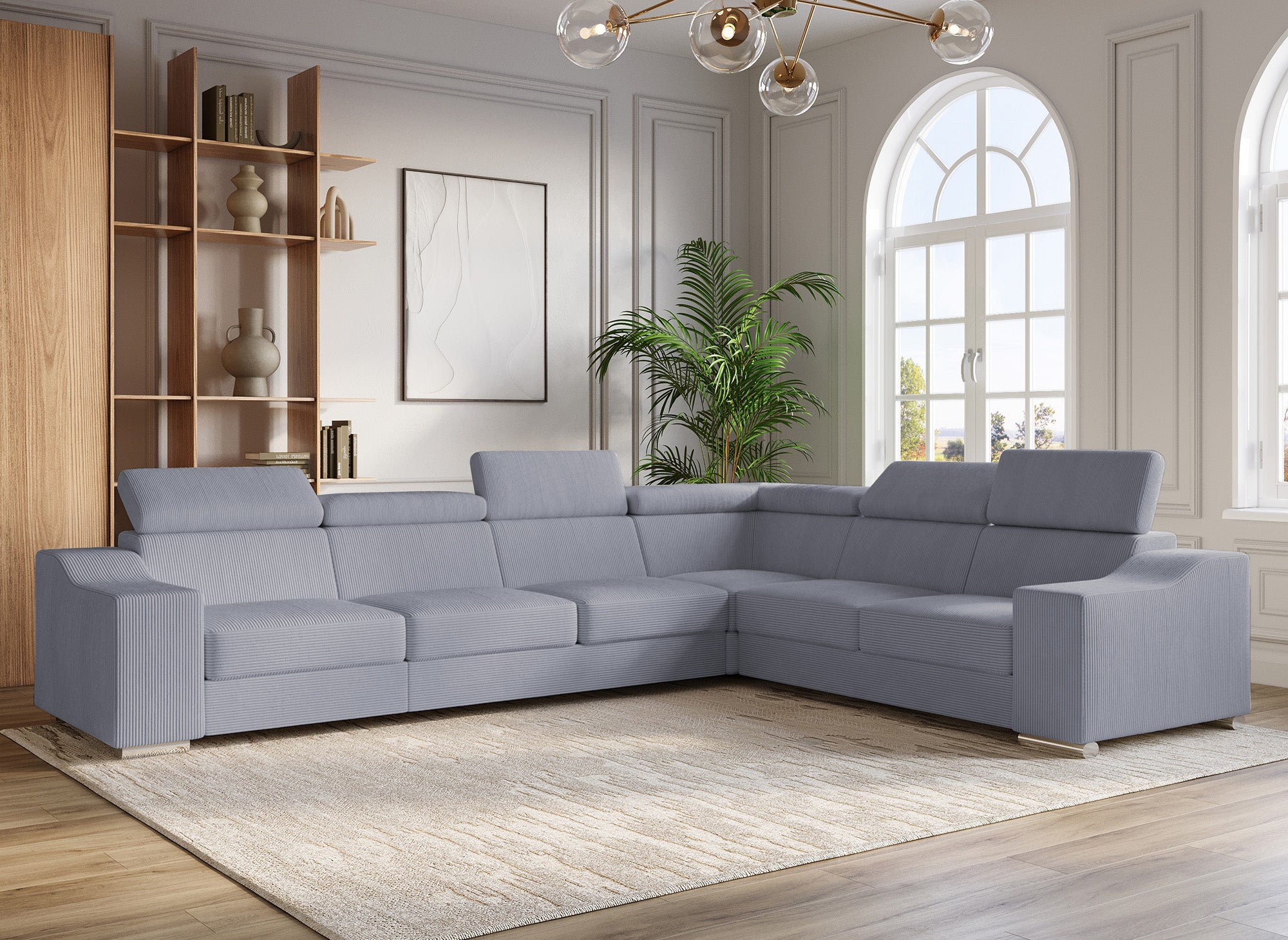LEONIE Ecksofa aus hellgrauem Cord, wendbar