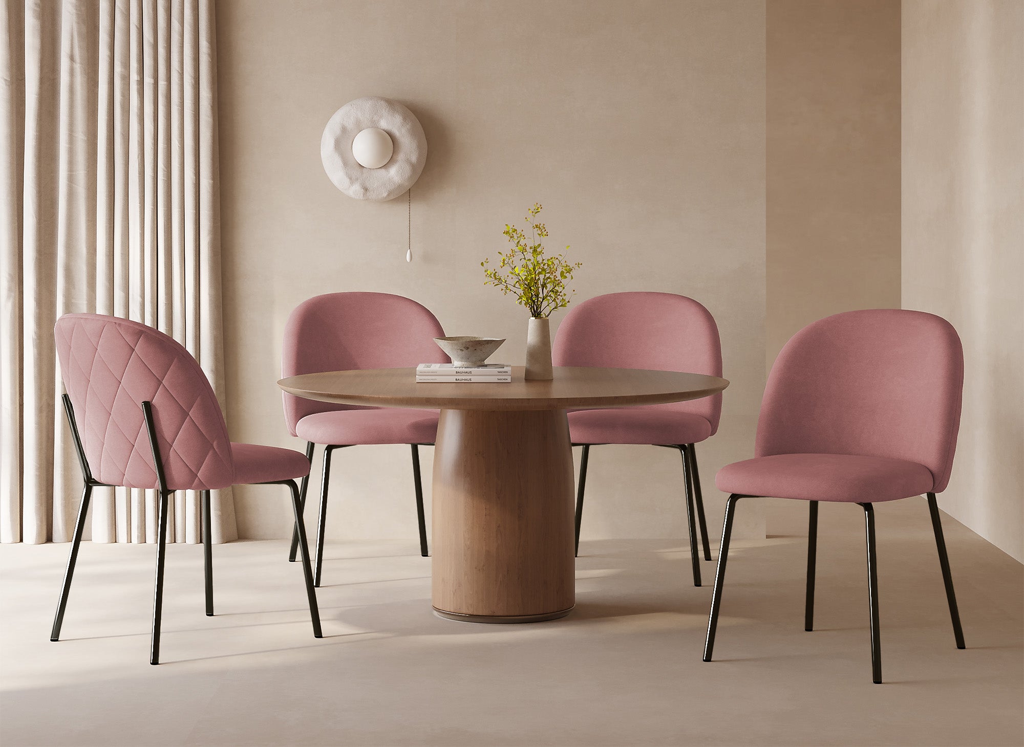 2er-Set Designerstühle aus rosa Samt mit schwarzen Beinen KENNETH