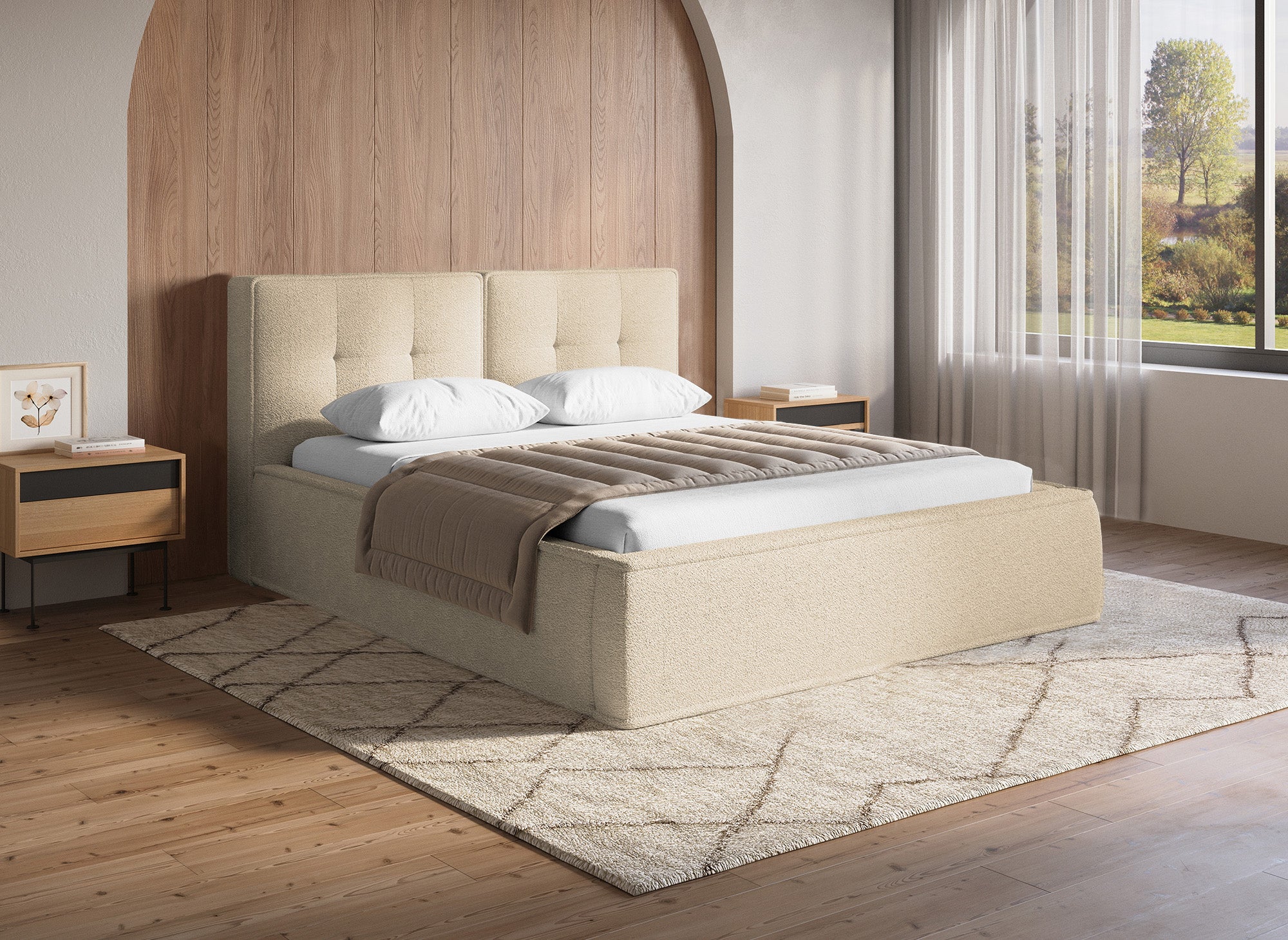 Doppelbett in beigem Frotteestoff 140x190 cm YUNA