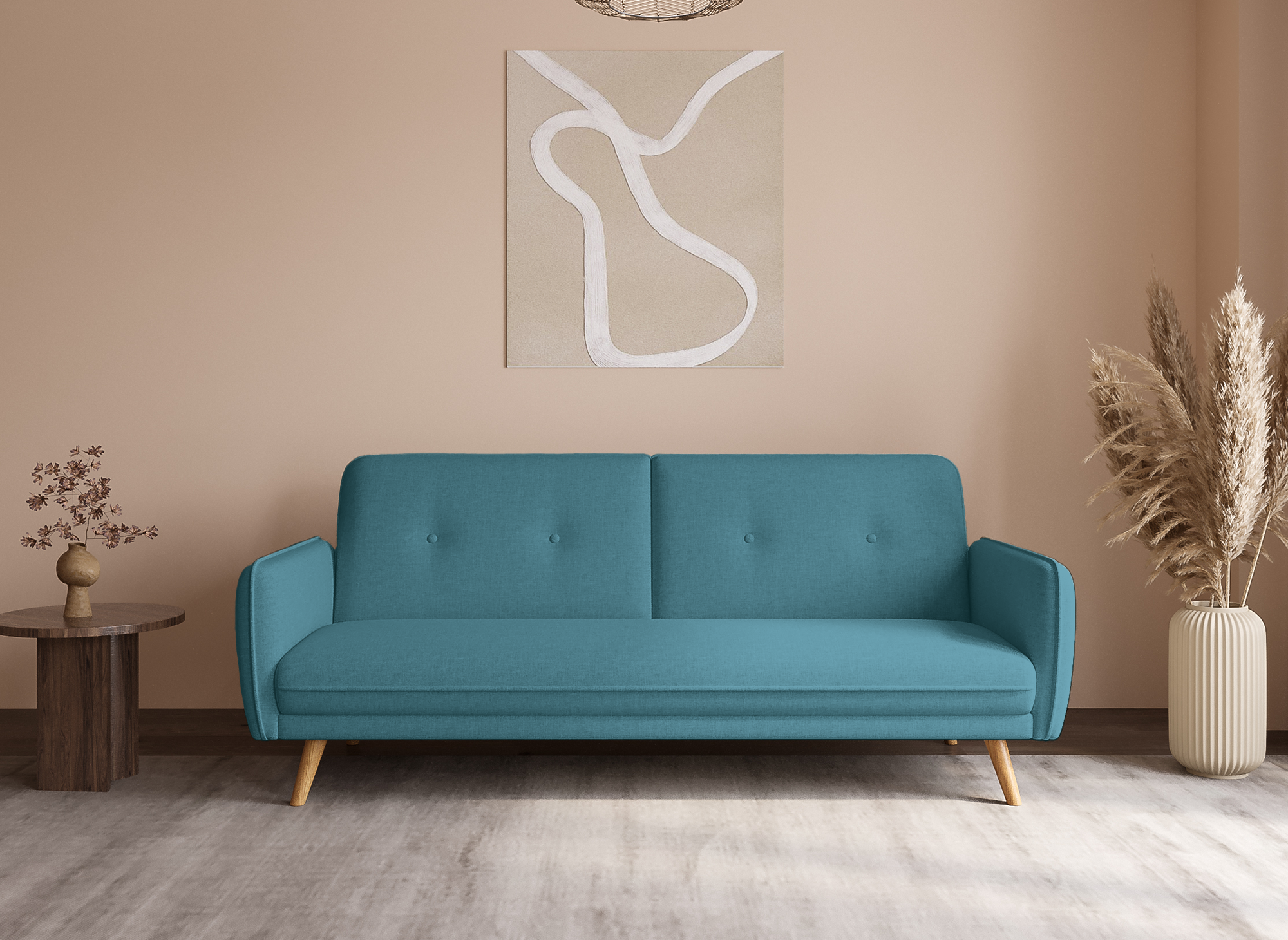 NATAL Schlafsofa aus blauem Stoff mit Holzbeinen