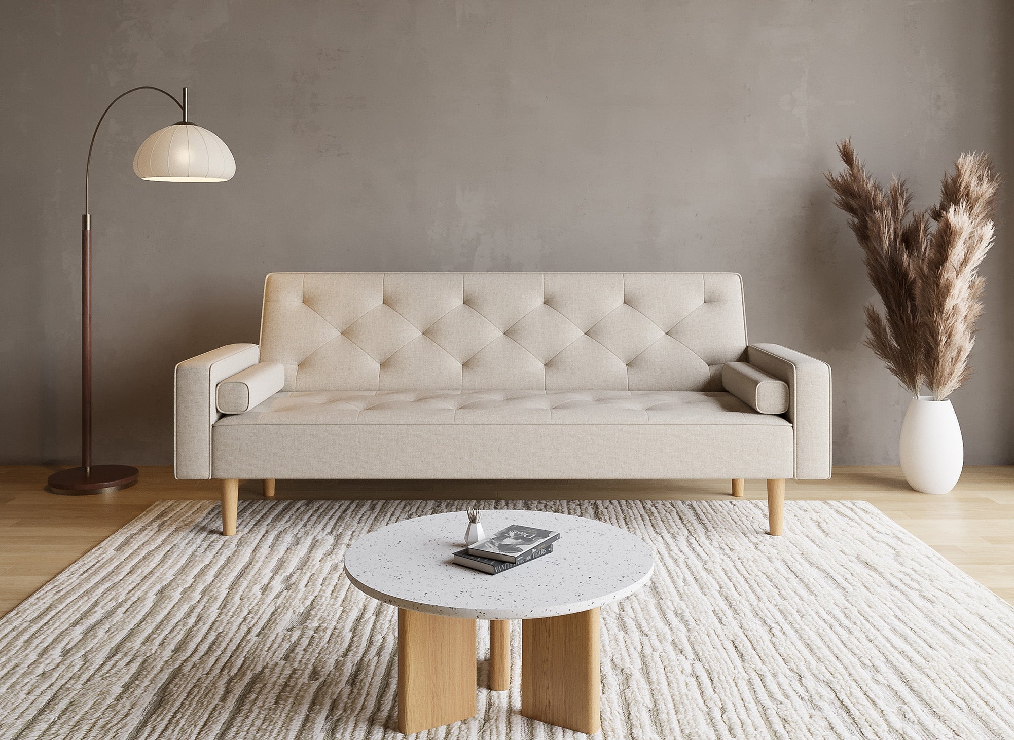 Beiges Stoffschlafsofa mit Holzbeinen JAKARTA