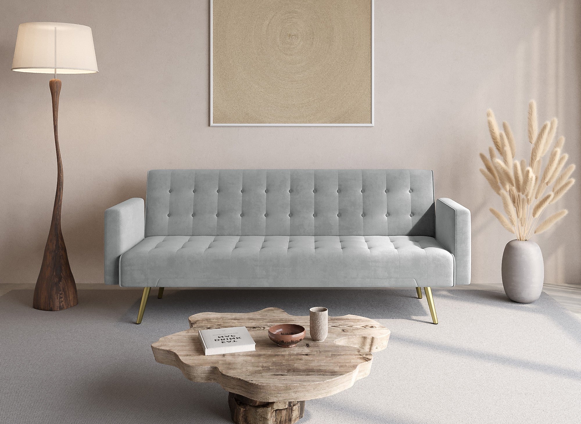 CHICAGO Schlafsofa aus grauem Samt mit goldenen Metallbeinen